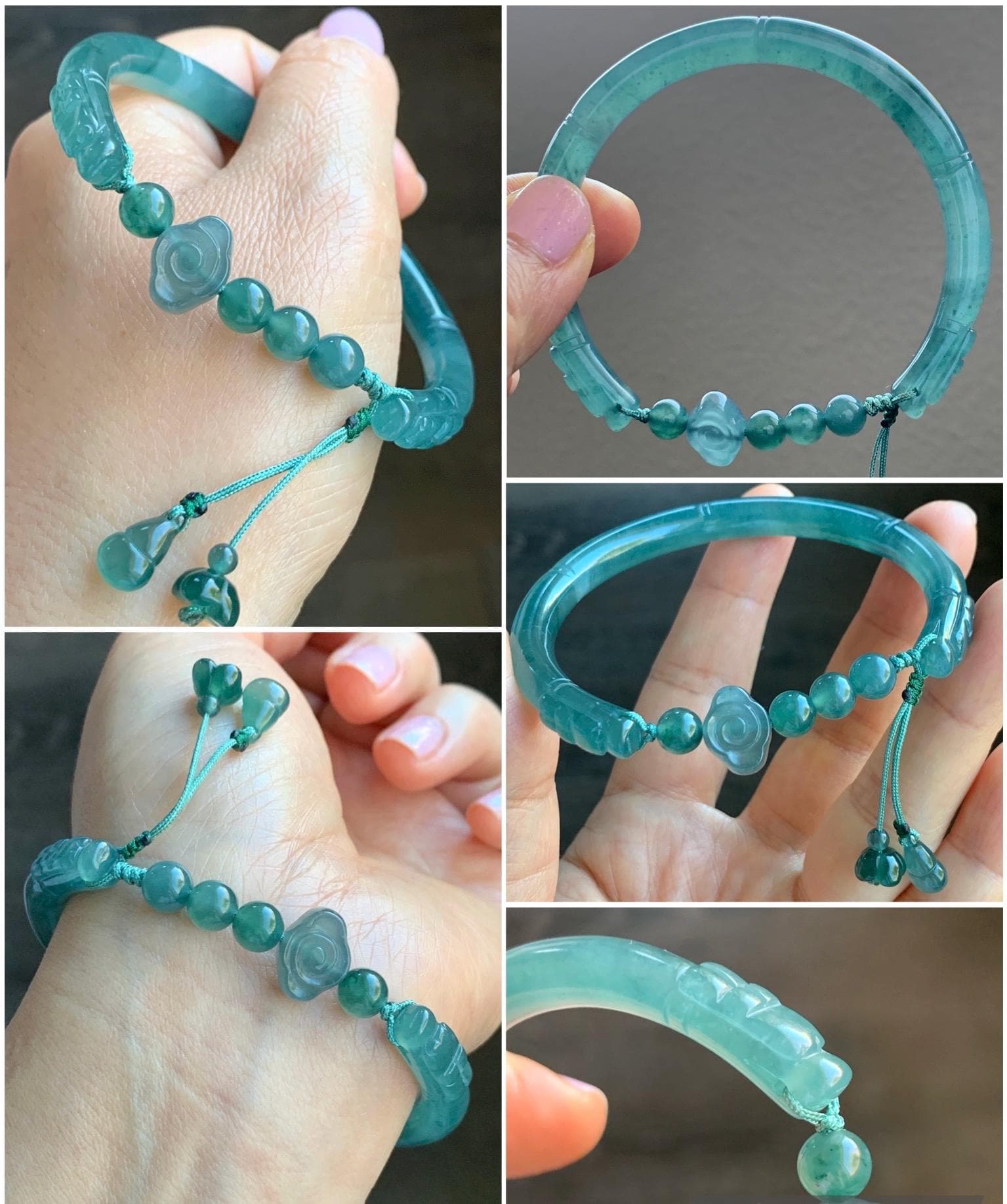 Certified Natural Guatemalan Icy Translucent Dark Teal Green Jadeite Open Bangle Bracelet w/ Gourd Charm 59.34mm 25g 天然老种冰胶危篮绿翡翠开口镯葫芦挂坠 3005