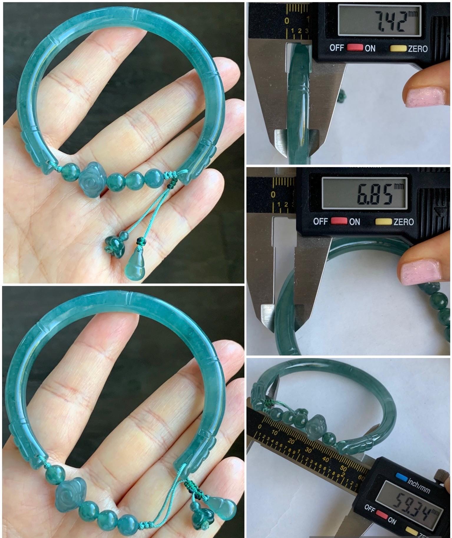 Certified Natural Guatemalan Icy Translucent Dark Teal Green Jadeite Open Bangle Bracelet w/ Gourd Charm 59.34mm 25g 天然老种冰胶危篮绿翡翠开口镯葫芦挂坠 3005