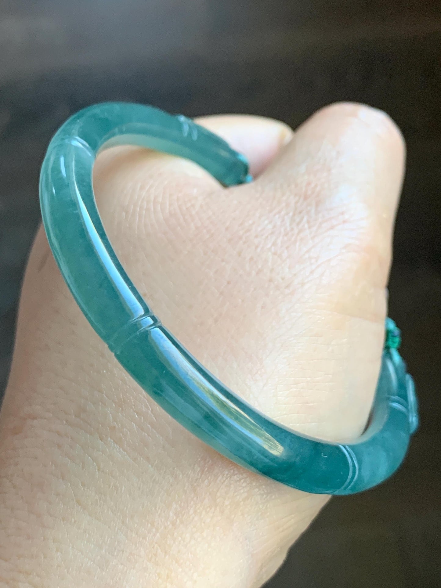 Certified Natural Guatemalan Icy Translucent Dark Teal Green Jadeite Open Bangle Bracelet w/ Gourd Charm 59.34mm 25g 天然老种冰胶危篮绿翡翠开口镯葫芦挂坠 3005
