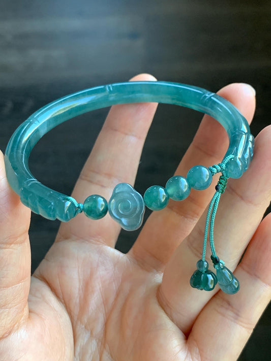 Certified Natural Guatemalan Icy Translucent Dark Teal Green Jadeite Open Bangle Bracelet w/ Gourd Charm 59.34mm 25g 天然老种冰胶危篮绿翡翠开口镯葫芦挂坠 3005