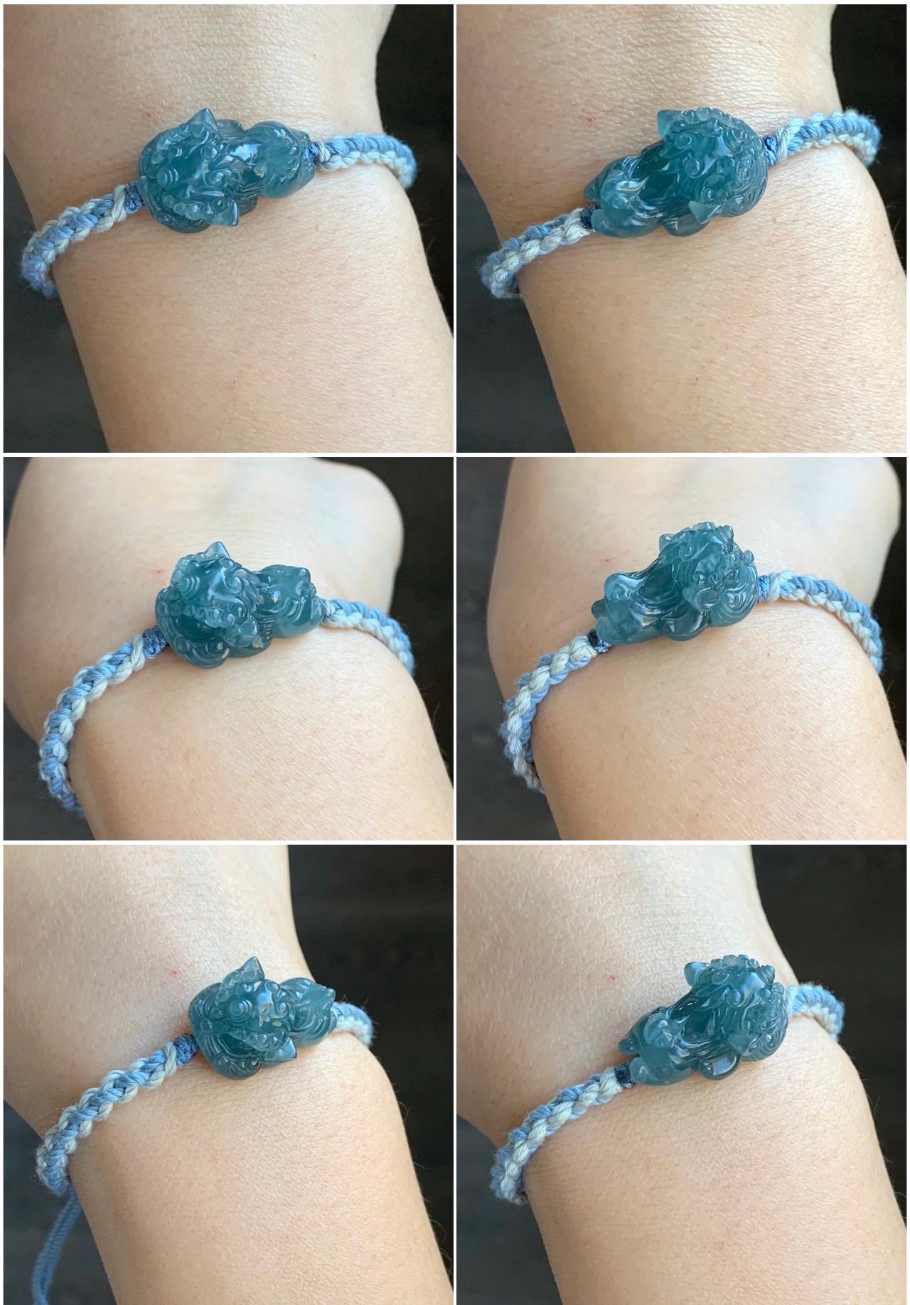 Natural Grade A Guatemalan Icy Translucent Gelatinous Dusty Blue Jadeite Carved Dancing Lion Rope Bracelet Adjustable 7g 天然冰胶危蓝翡翠精工雕摆烂小醒狮手绳