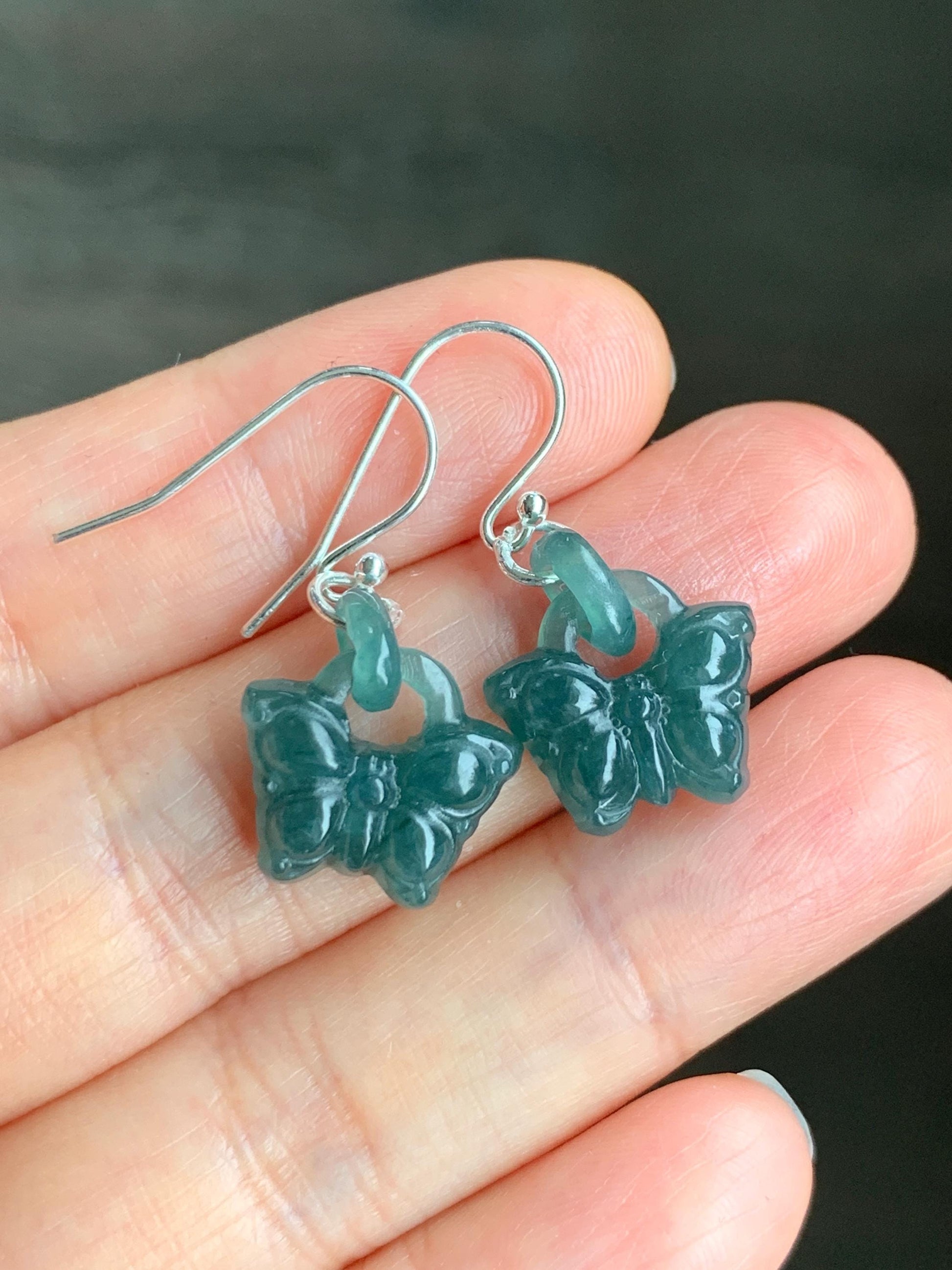Natural Guatemalan Icy Translucent Dark Teal Blue Jadeite Butterfly w/ Interlocking Rings Dangle Earrings Sterling Silver