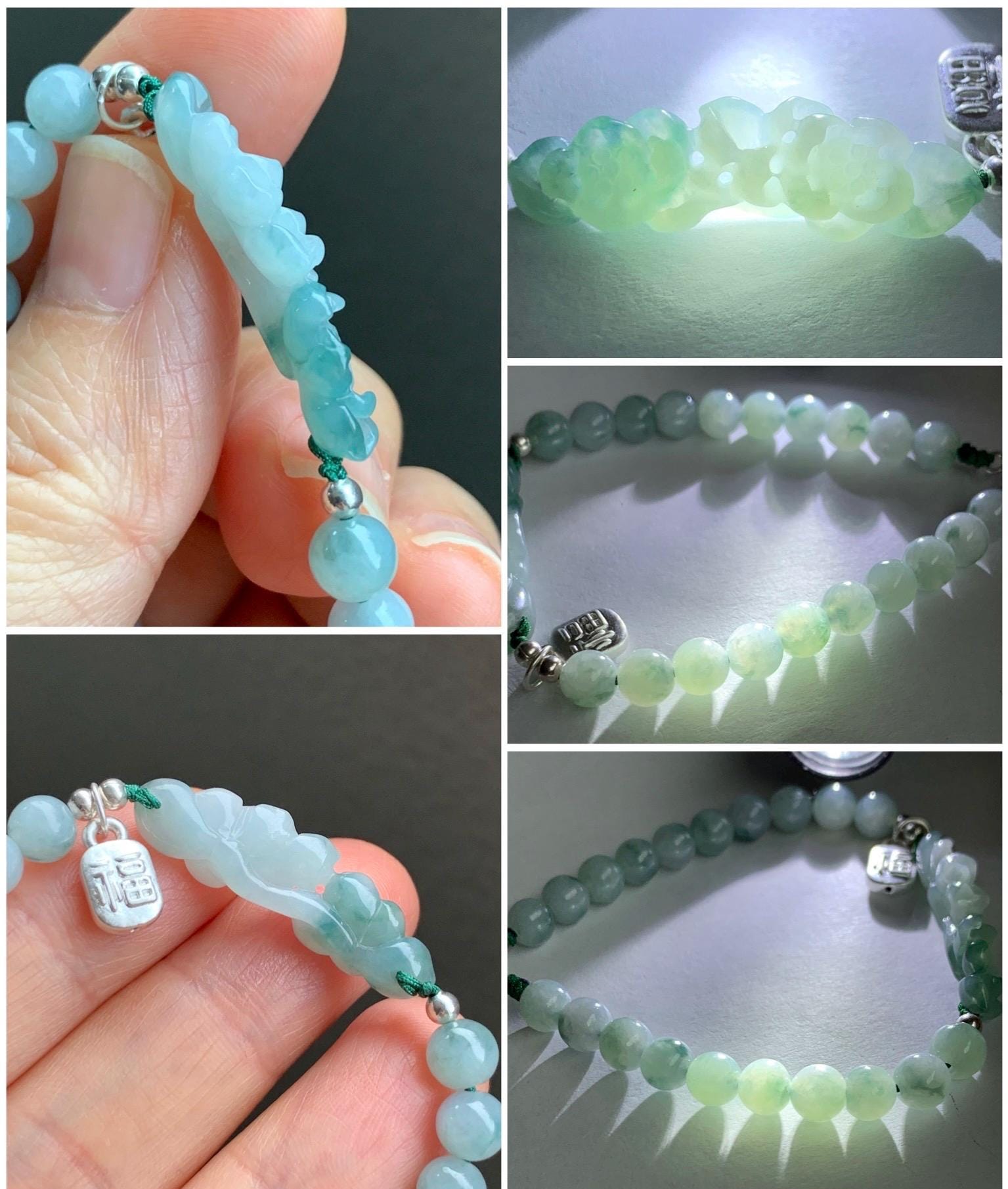Natural Grade A Icy Translucent Gelatinous Teal Green Marbled Jadeite Lotus Flower Beaded Bracelet Sterling Silver 6.5" 9g 天然冰飘花翡翠莲花圆珠手串