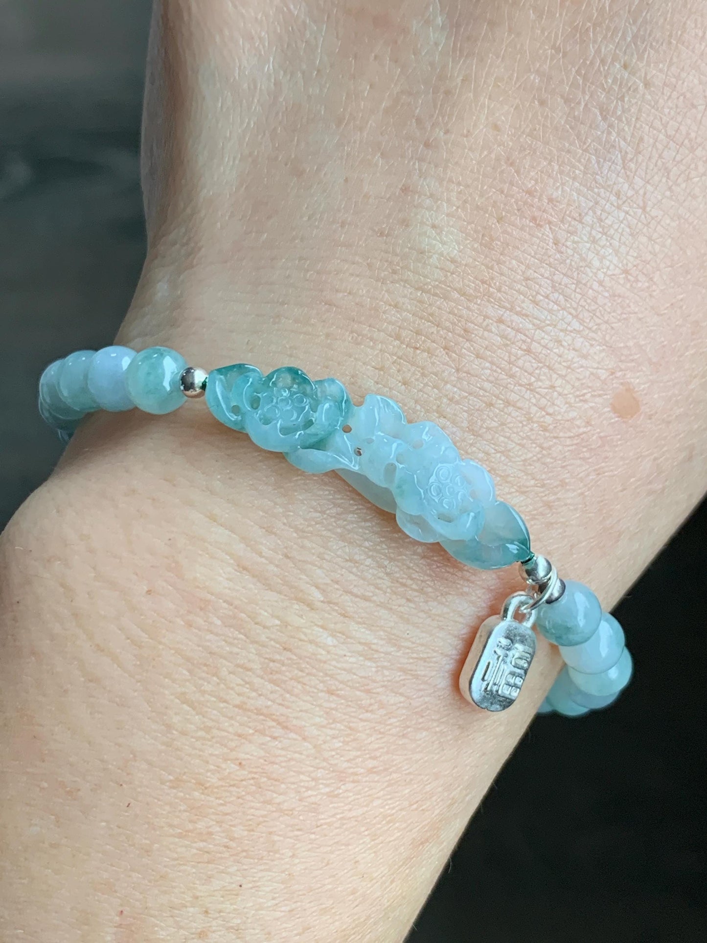 Natural Grade A Icy Translucent Gelatinous Teal Green Marbled Jadeite Lotus Flower Beaded Bracelet Sterling Silver 6.5" 9g 天然冰飘花翡翠莲花圆珠手串