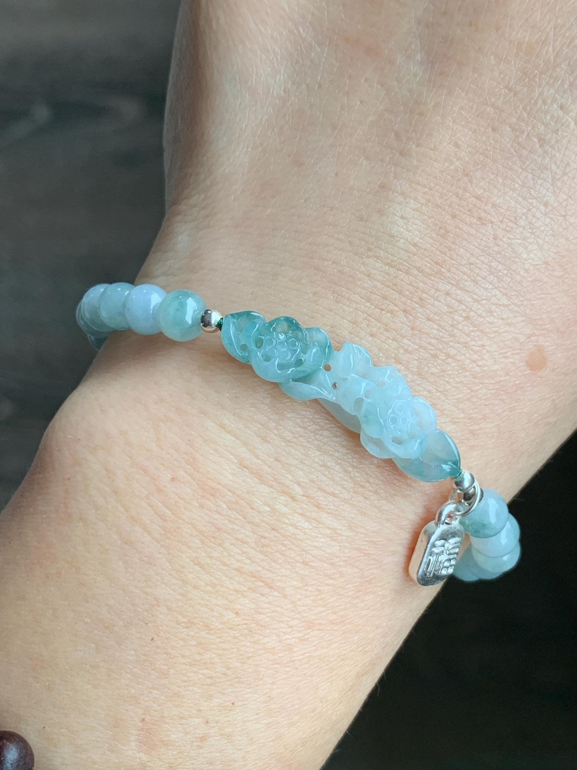 Natural Grade A Icy Translucent Gelatinous Teal Green Marbled Jadeite Lotus Flower Beaded Bracelet Sterling Silver 6.5" 9g 天然冰飘花翡翠莲花圆珠手串