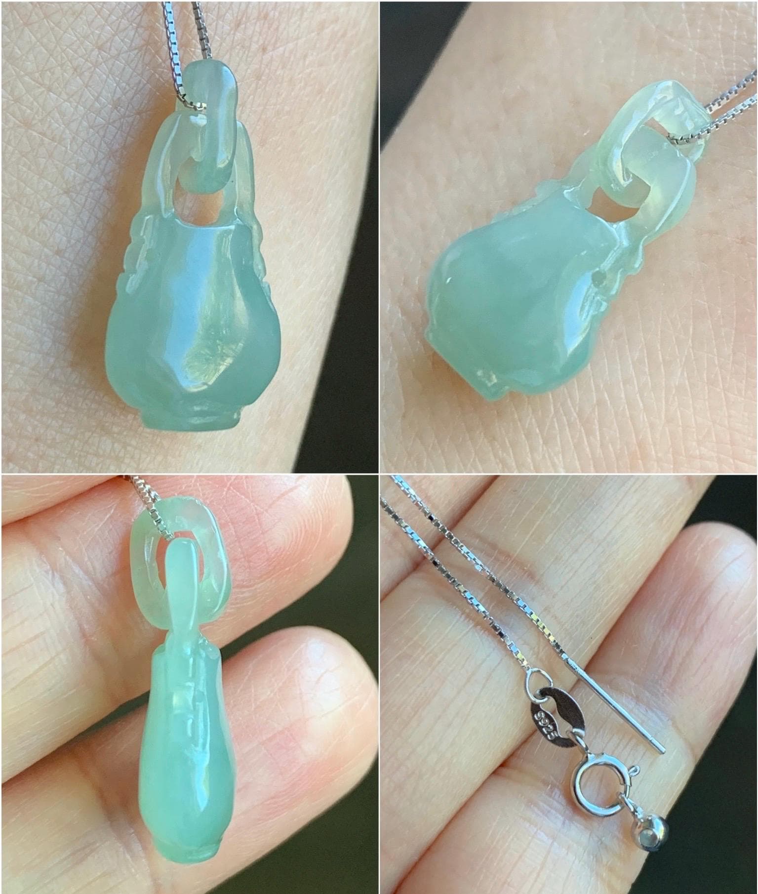 Natural Grade A Icy Translucent Gelatinous Light Green Jadeite Vase w/ Interlocking Bail Pendant Necklace Sterling Silver 天然冰胶晴底翡翠花瓶环环相扣吊坠