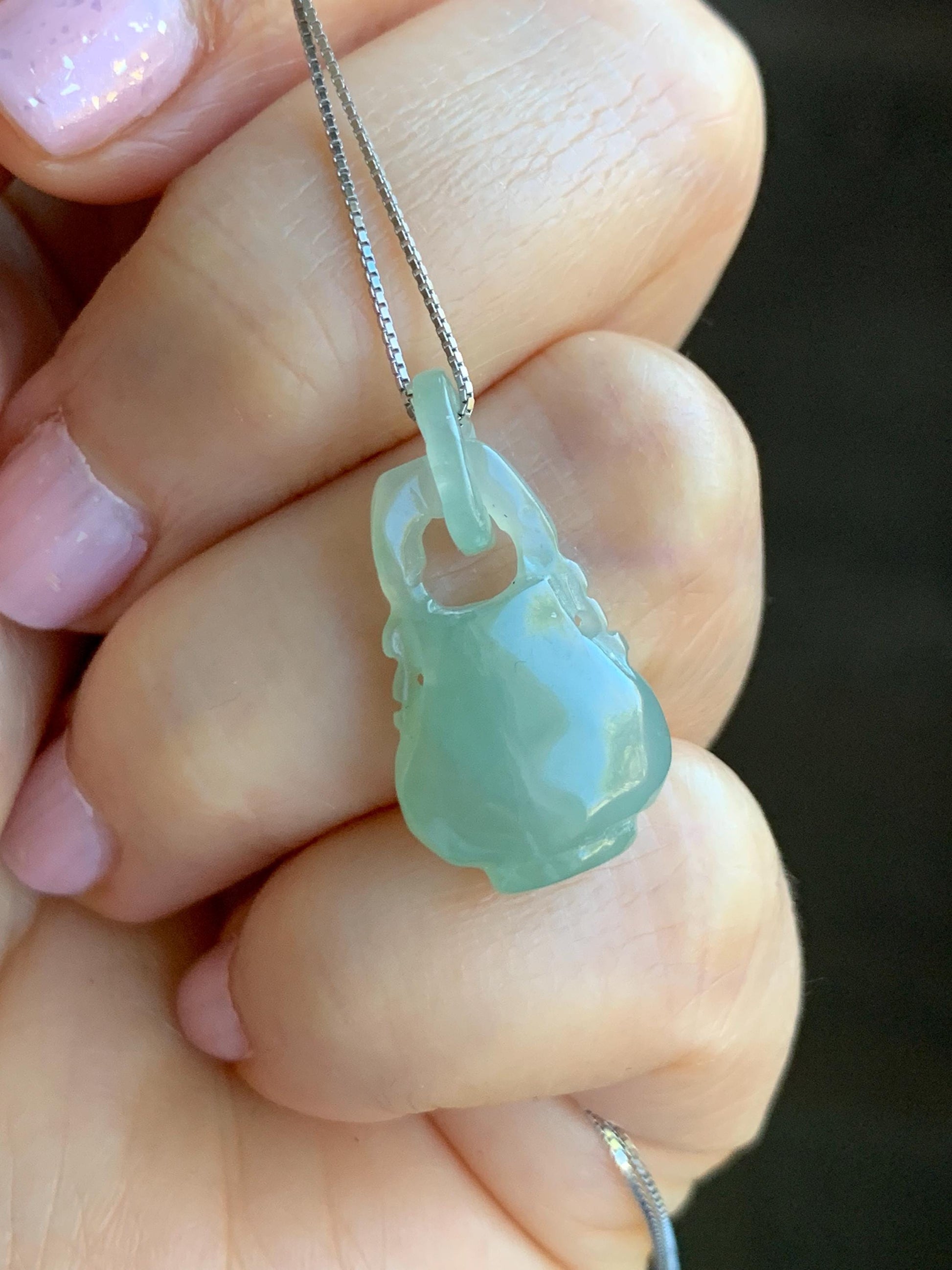 Natural Grade A Icy Translucent Gelatinous Light Green Jadeite Vase w/ Interlocking Bail Pendant Necklace Sterling Silver 天然冰胶晴底翡翠花瓶环环相扣吊坠