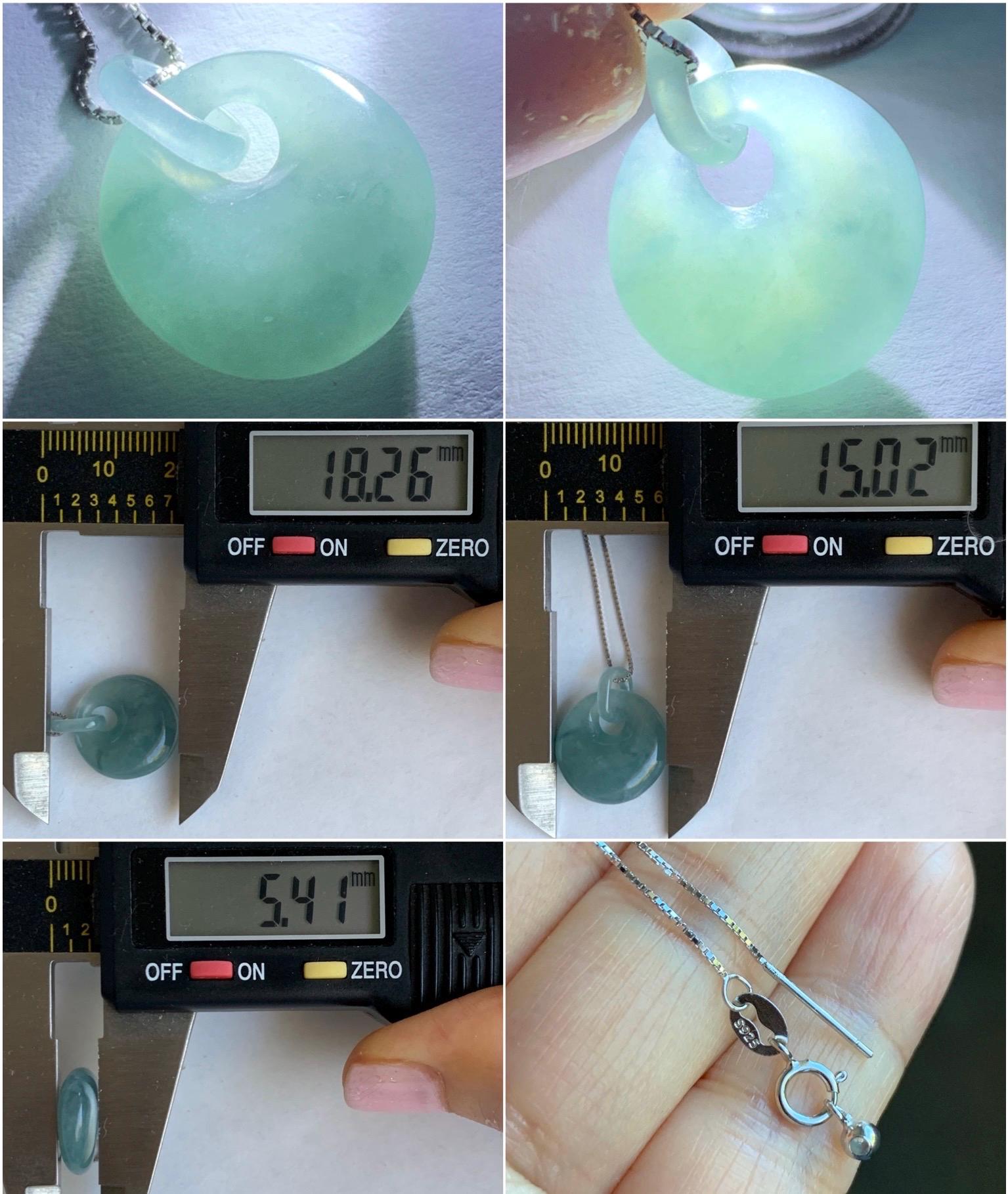 Natural Grade A Guatemalan Icy Translucent Dusty Blue Jadeite Donut w/ Interlocking Bail Pendant Necklace Sterling Silver 天然冰危蓝翡翠平扣环扣吊坠