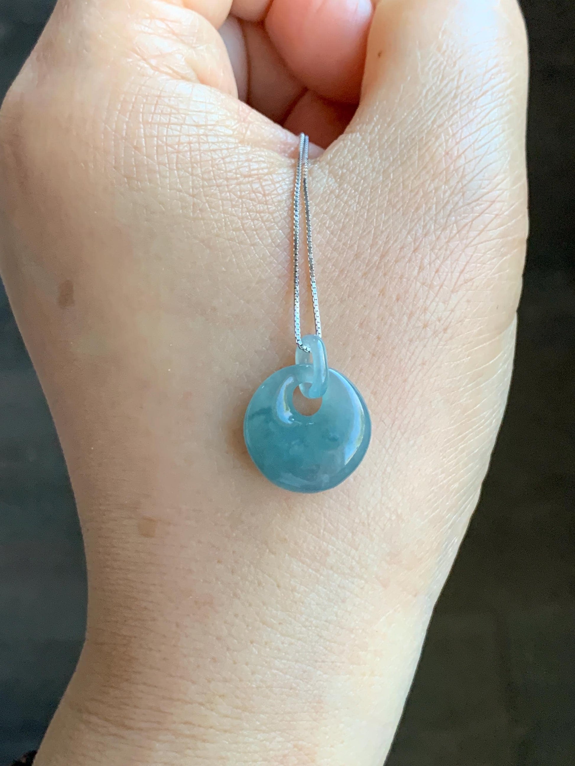 Natural Grade A Guatemalan Icy Translucent Dusty Blue Jadeite Donut w/ Interlocking Bail Pendant Necklace Sterling Silver 天然冰危蓝翡翠平扣环扣吊坠