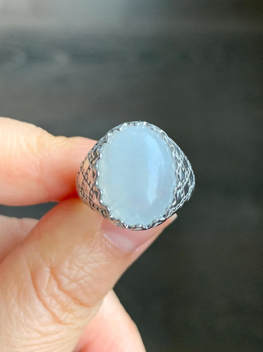 Certified Natural Grade A Icy Translation White Large Jadeite Oval Solitaire Ring Sterling Silver Size 7.25 US 8.37g 天然糯冰白翡翠大蛋面银镶戒指