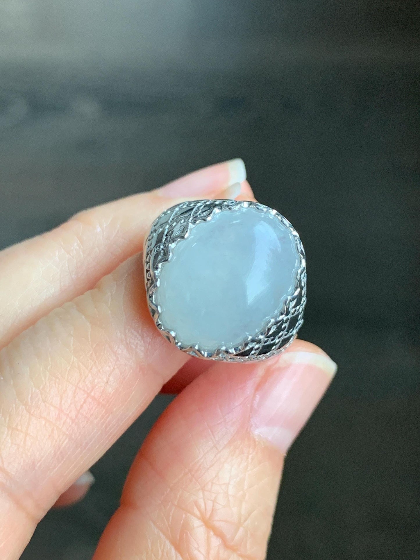 Certified Natural Grade A Icy Translation White Large Jadeite Oval Solitaire Ring Sterling Silver Size 7.25 US