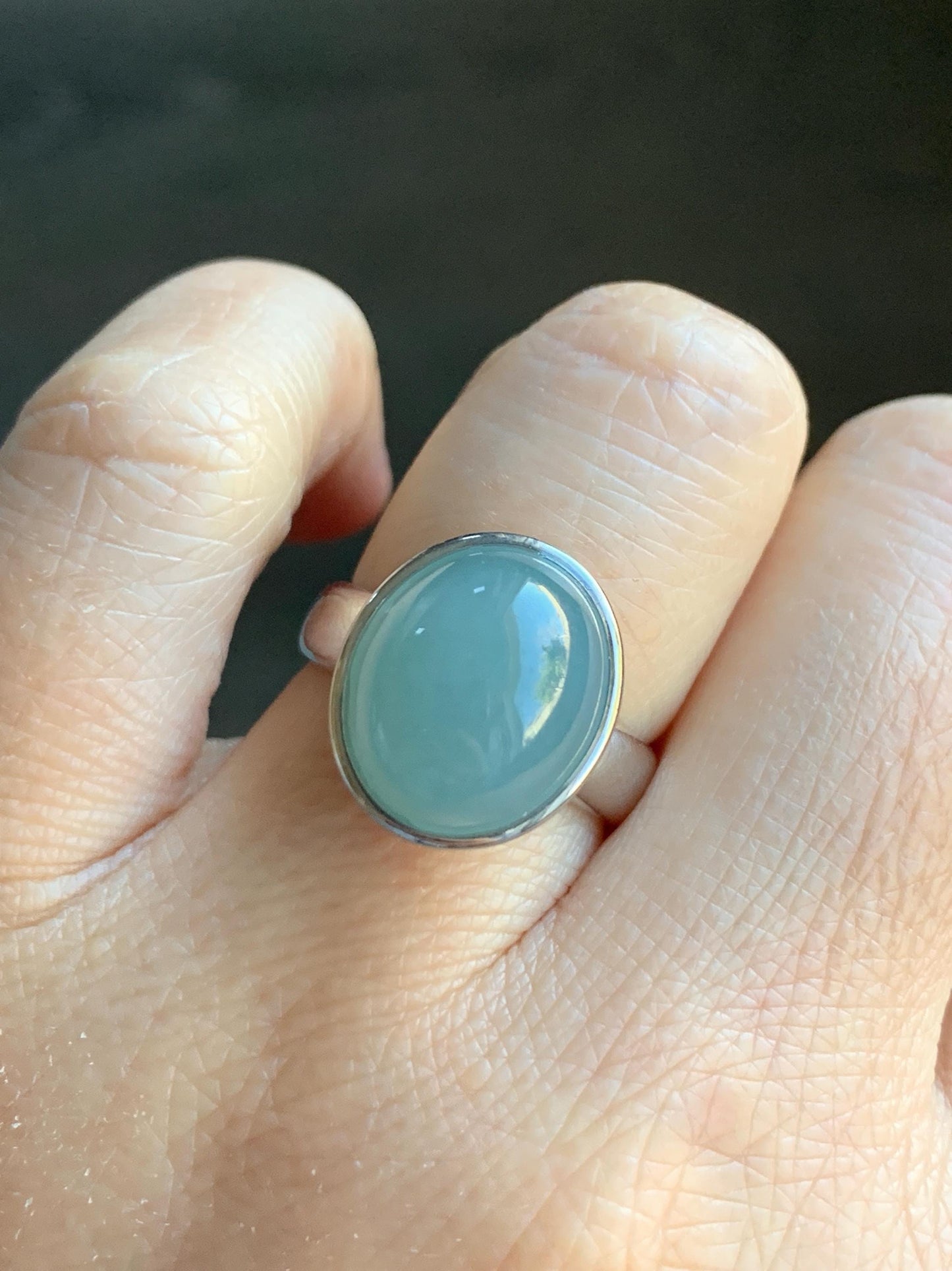 Certified Natural Guatemalan Icy Translucent Dusty Light Blue Jadeite Large Oval Ring Sterling Silver size 7.25 US