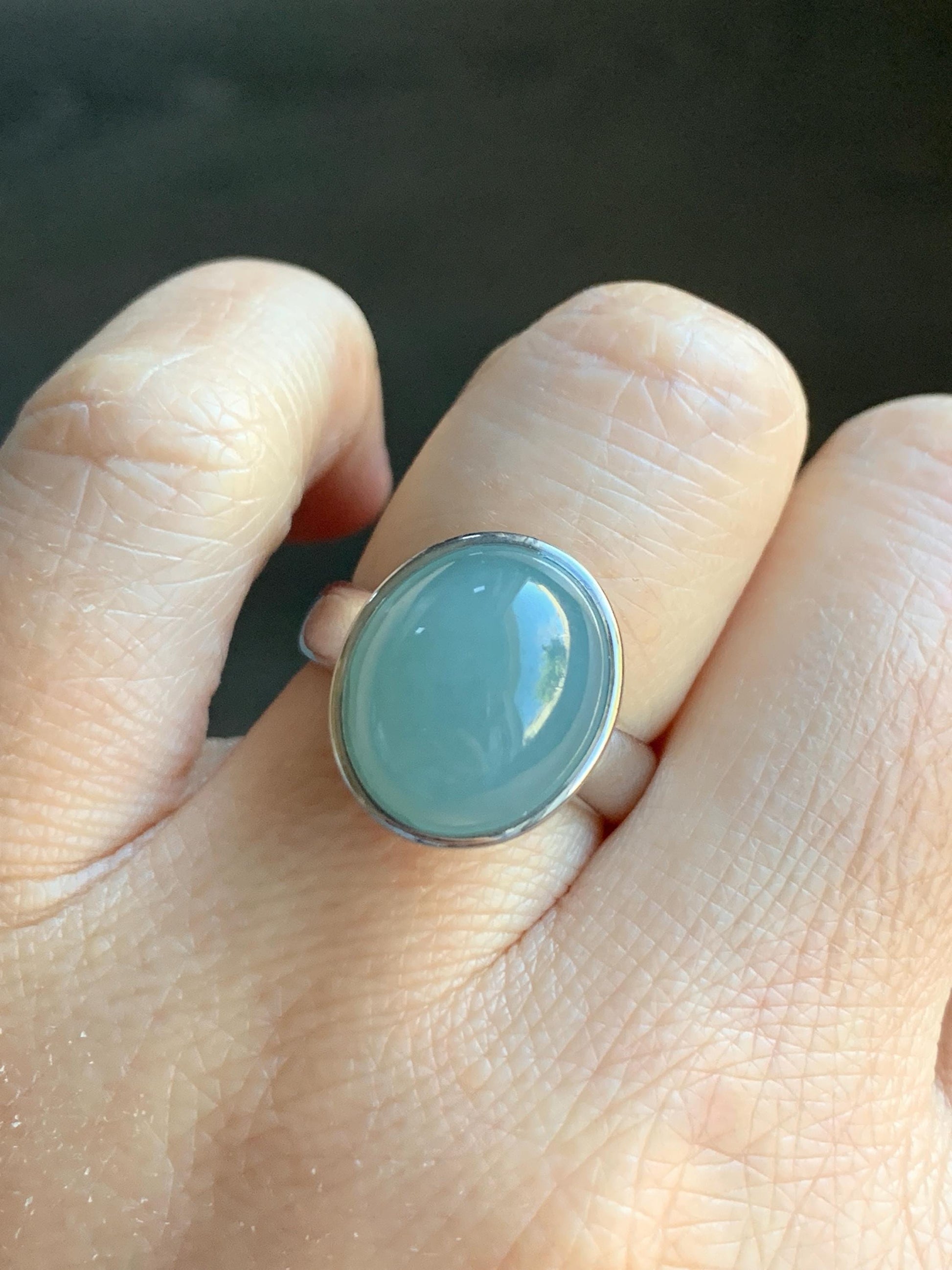 Certified Natural Guatemalan Icy Translucent Dusty Light Blue Jadeite Large Oval Ring Sterling Silver size 7.25 US