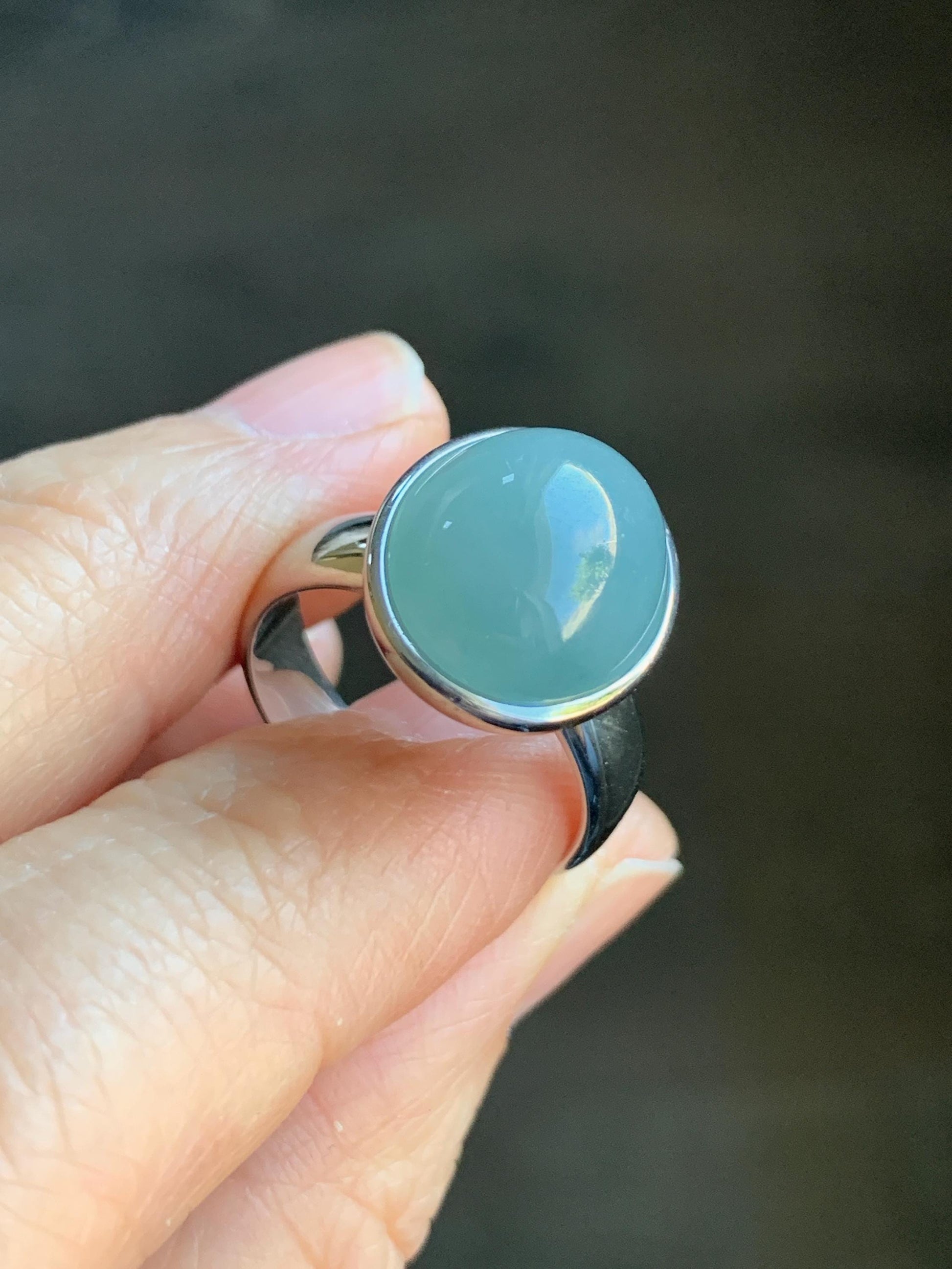 Certified Natural Guatemalan Icy Translucent Dusty Light Blue Jadeite Large Oval Ring Sterling Silver size 7.25 US