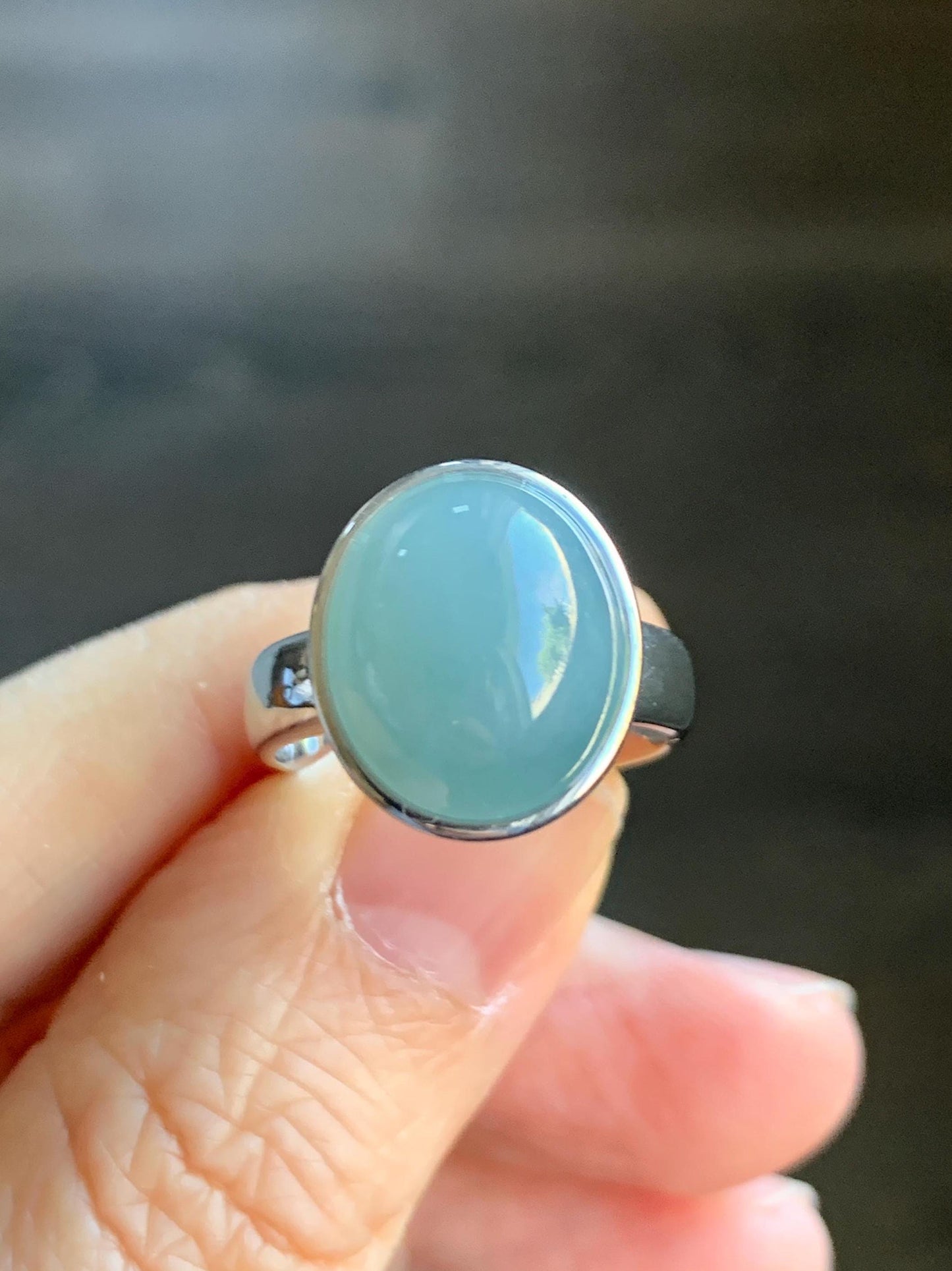 Certified Natural Guatemalan Icy Translucent Dusty Light Blue Jadeite Large Oval Ring Sterling Silver size 7.25 US 7.3g 天然冰胶危浅蓝翡翠镶嵌戒指
