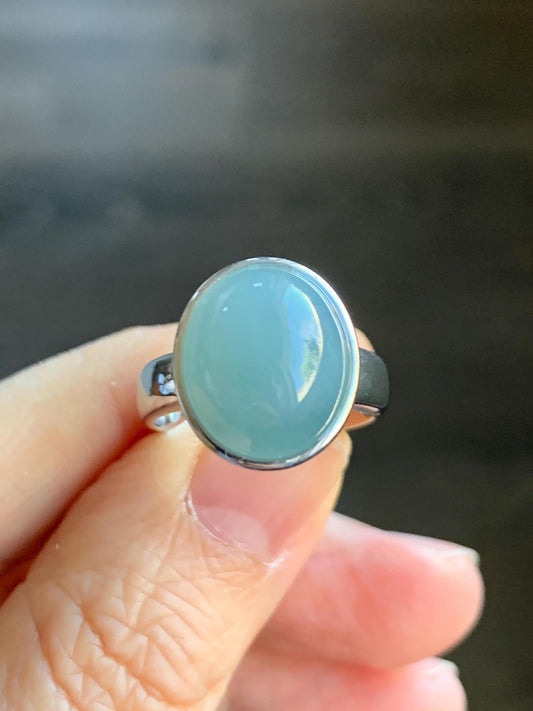 Certified Natural Guatemalan Icy Translucent Dusty Light Blue Jadeite Large Oval Ring Sterling Silver size 7.25 US 7.3g 天然冰胶危浅蓝翡翠镶嵌戒指