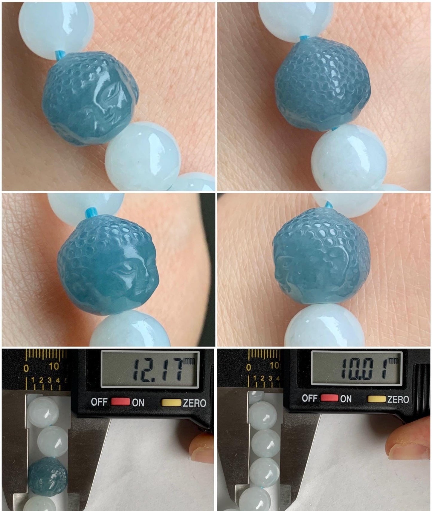 Natural Grade A Premium Icy Translucent Gelatinous White Jadeite Large Beads Dusty Blue Buddha Head Beaded Bracelet 7” 35g 天然冰胶白翡翠珠危蓝佛头珠手串