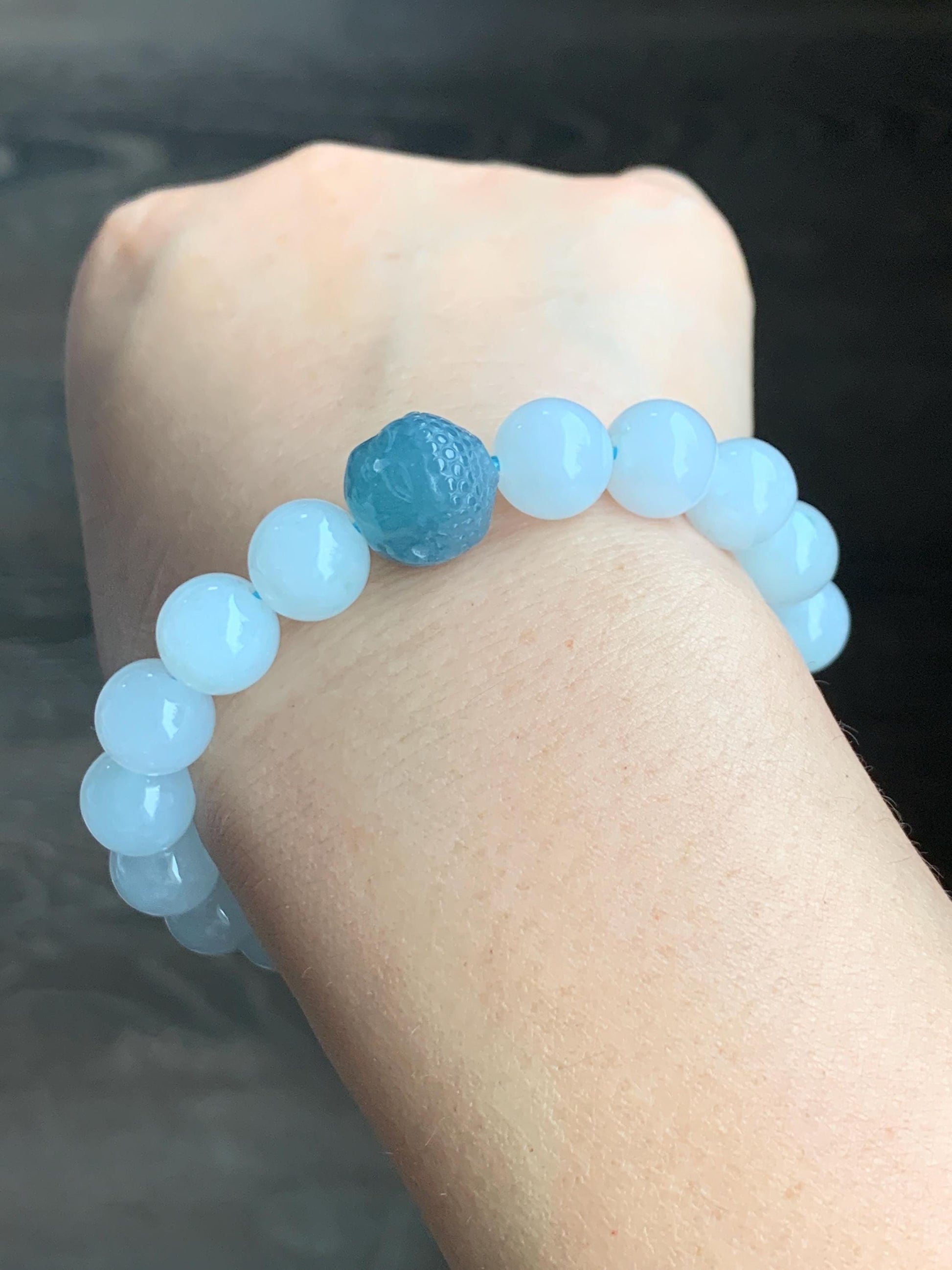 Natural Grade A Premium Icy Translucent Gelatinous White Jadeite Large Beads Dusty Blue Buddha Head Beaded Bracelet 7” 35g 天然冰胶白翡翠珠危蓝佛头珠手串