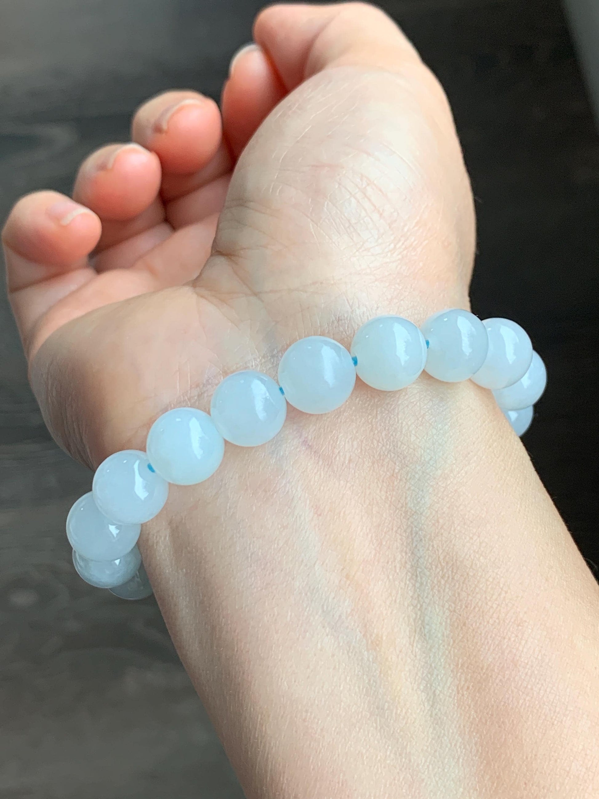 Natural Grade A Premium Icy Translucent Gelatinous White Jadeite Large Beads Dusty Blue Buddha Head Beaded Bracelet 7” 35g 天然冰胶白翡翠珠危蓝佛头珠手串