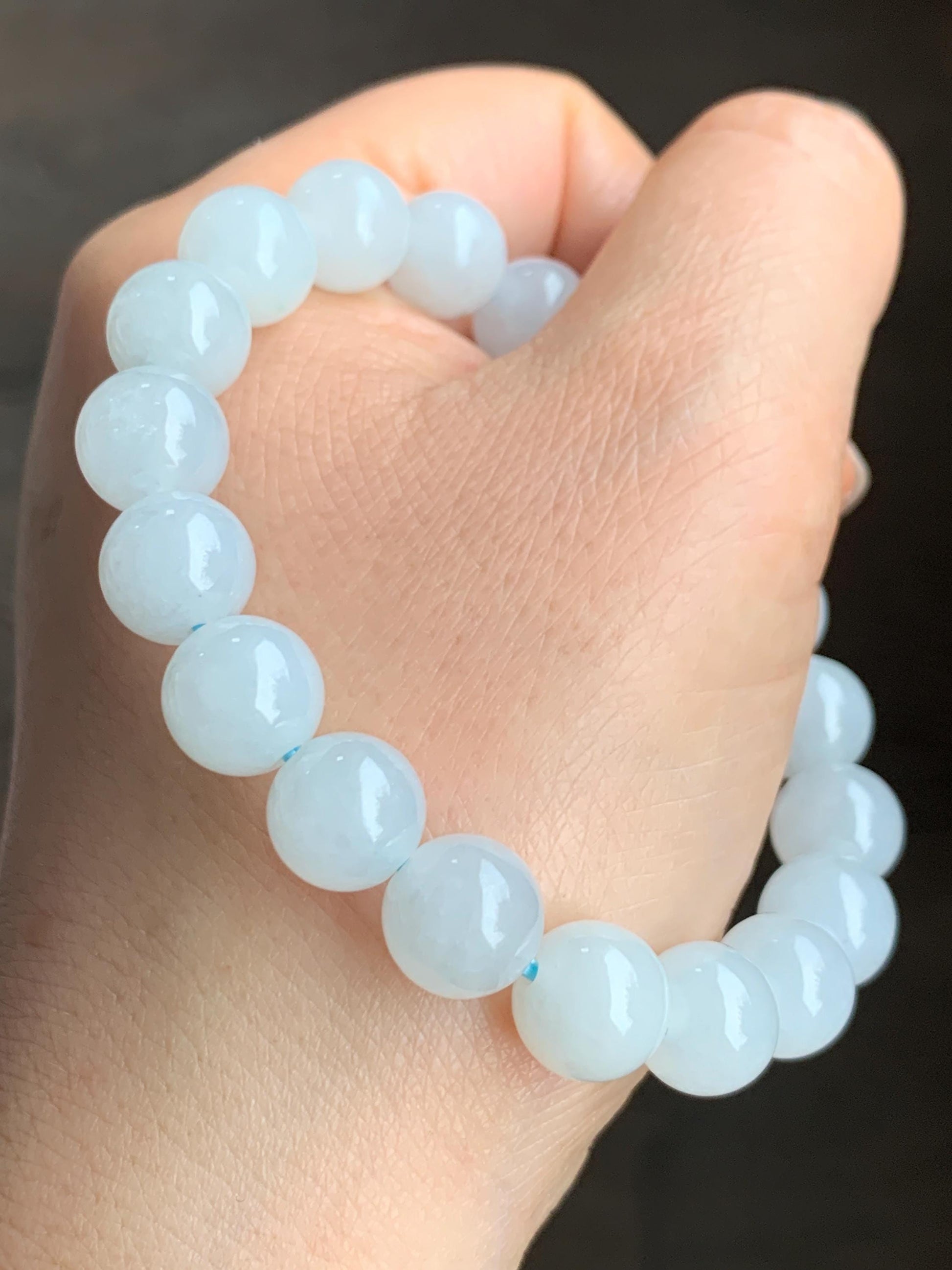 Natural Grade A Premium Icy Translucent Gelatinous White Jadeite Large Beads Dusty Blue Buddha Head Beaded Bracelet 7”