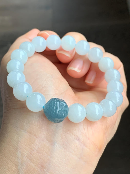 Natural Grade A Premium Icy Translucent Gelatinous White Jadeite Large Beads Dusty Blue Buddha Head Beaded Bracelet 7” 35g 天然冰胶白翡翠珠危蓝佛头珠手串