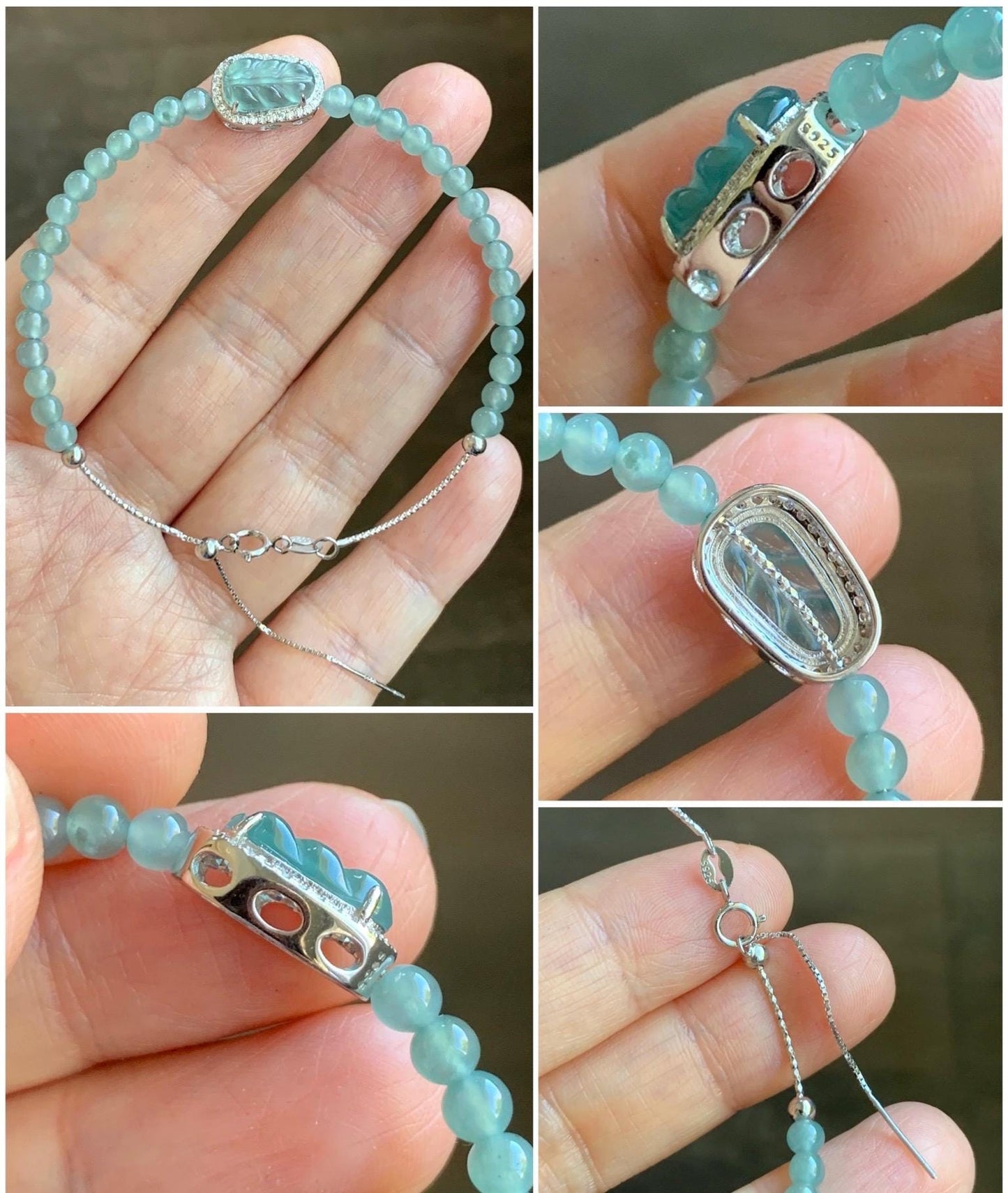 Natural Guatemalan Icy Translucent Light Teal Blue Jadeite Leaf Charm & Petite Beads Wire Bracelet Sterling Silver 6.5”-7.5” 天然冰危浅蓝翡翠叶子珠银手串