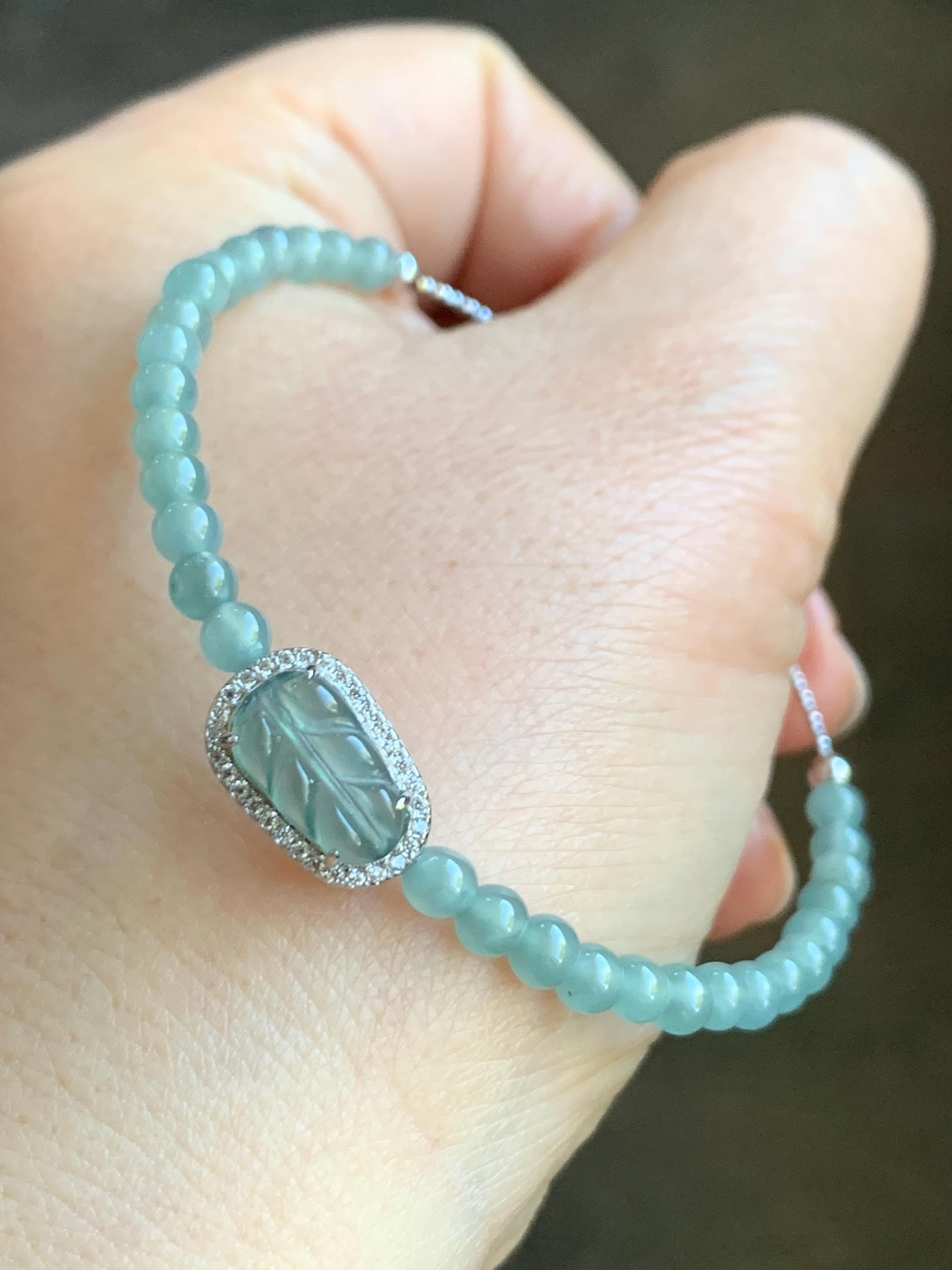 Natural Guatemalan Icy Translucent Light Teal Blue Jadeite Leaf Charm & Petite Beads Wire Bracelet Sterling Silver 6.5”-7.5” 天然冰危浅蓝翡翠叶子珠银手串