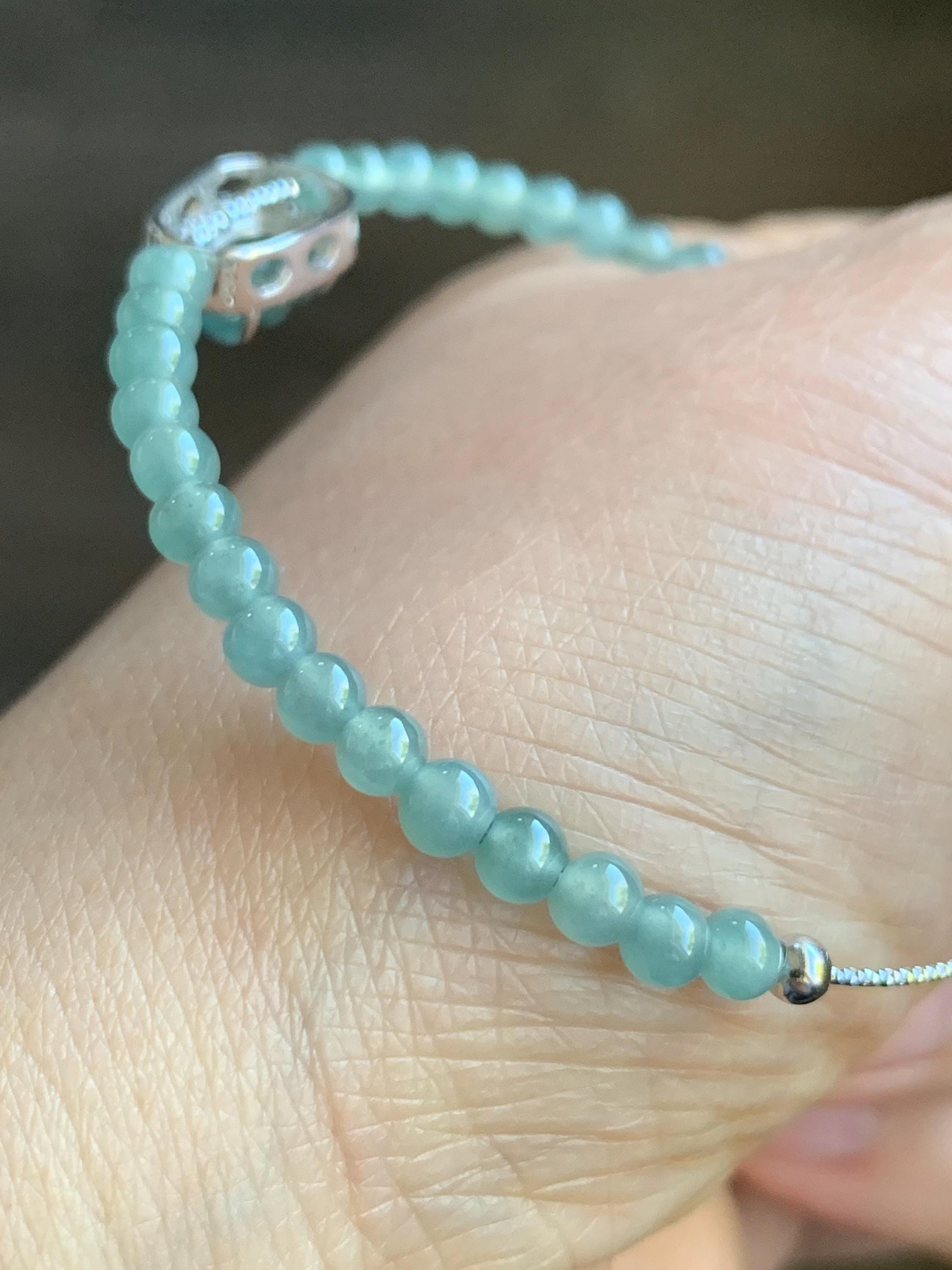 Natural Guatemalan Icy Translucent Light Teal Blue Jadeite Leaf Charm & Petite Beads Wire Bracelet Sterling Silver 6.5”-7.5” 天然冰危浅蓝翡翠叶子珠银手串