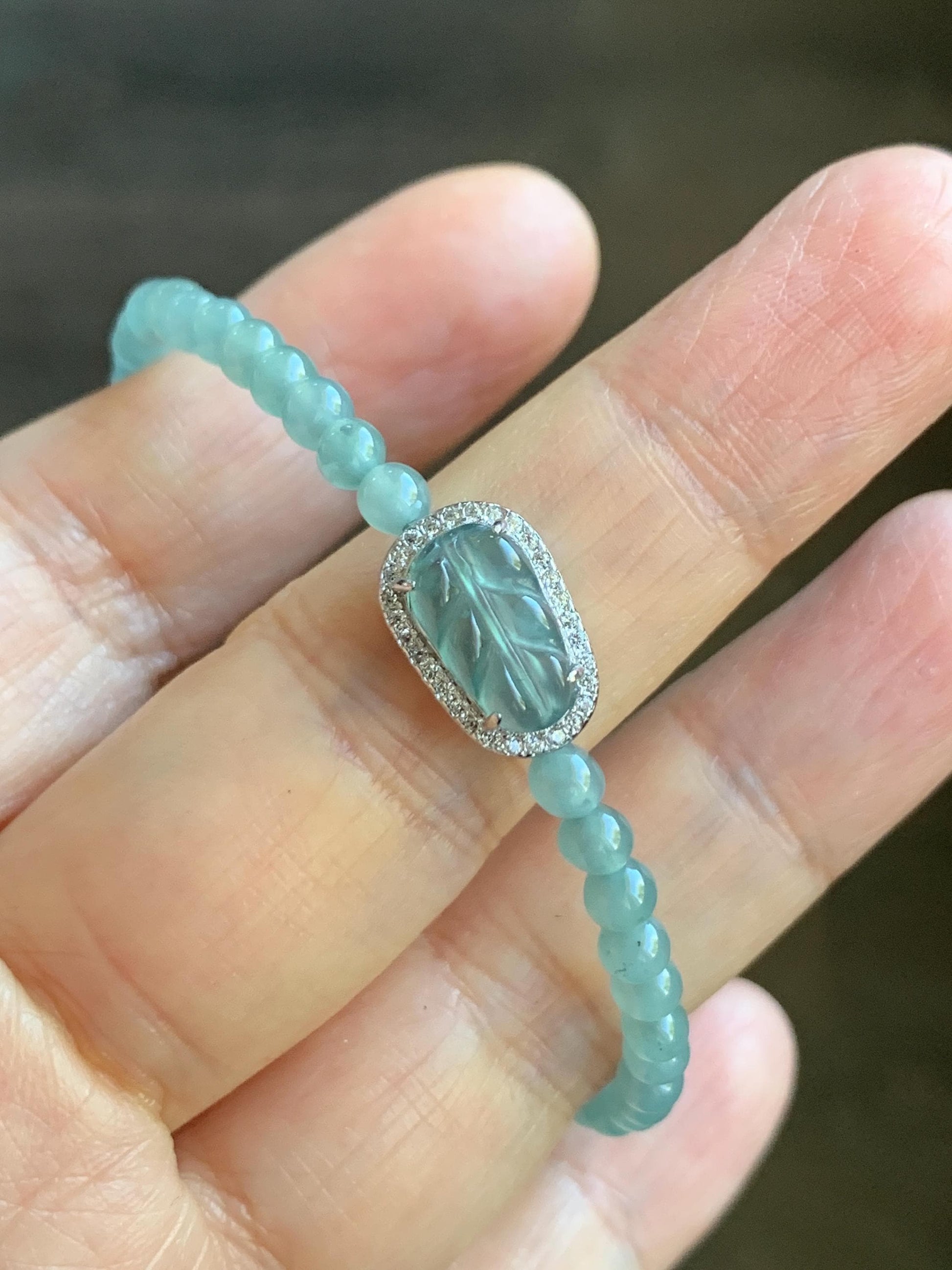 Natural Guatemalan Icy Translucent Light Teal Blue Jadeite Leaf Charm & Petite Beads Wire Bracelet Sterling Silver 6.5”-7.5” 天然冰危浅蓝翡翠叶子珠银手串