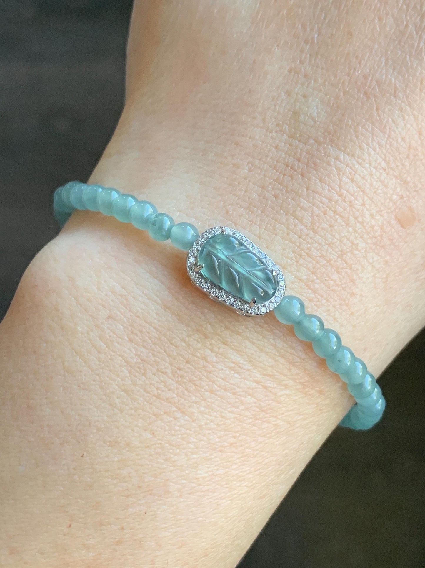 Natural Guatemalan Icy Translucent Light Teal Blue Jadeite Leaf Charm & Petite Beads Wire Bracelet Sterling Silver 6.5”-7.5” 天然冰危浅蓝翡翠叶子珠银手串