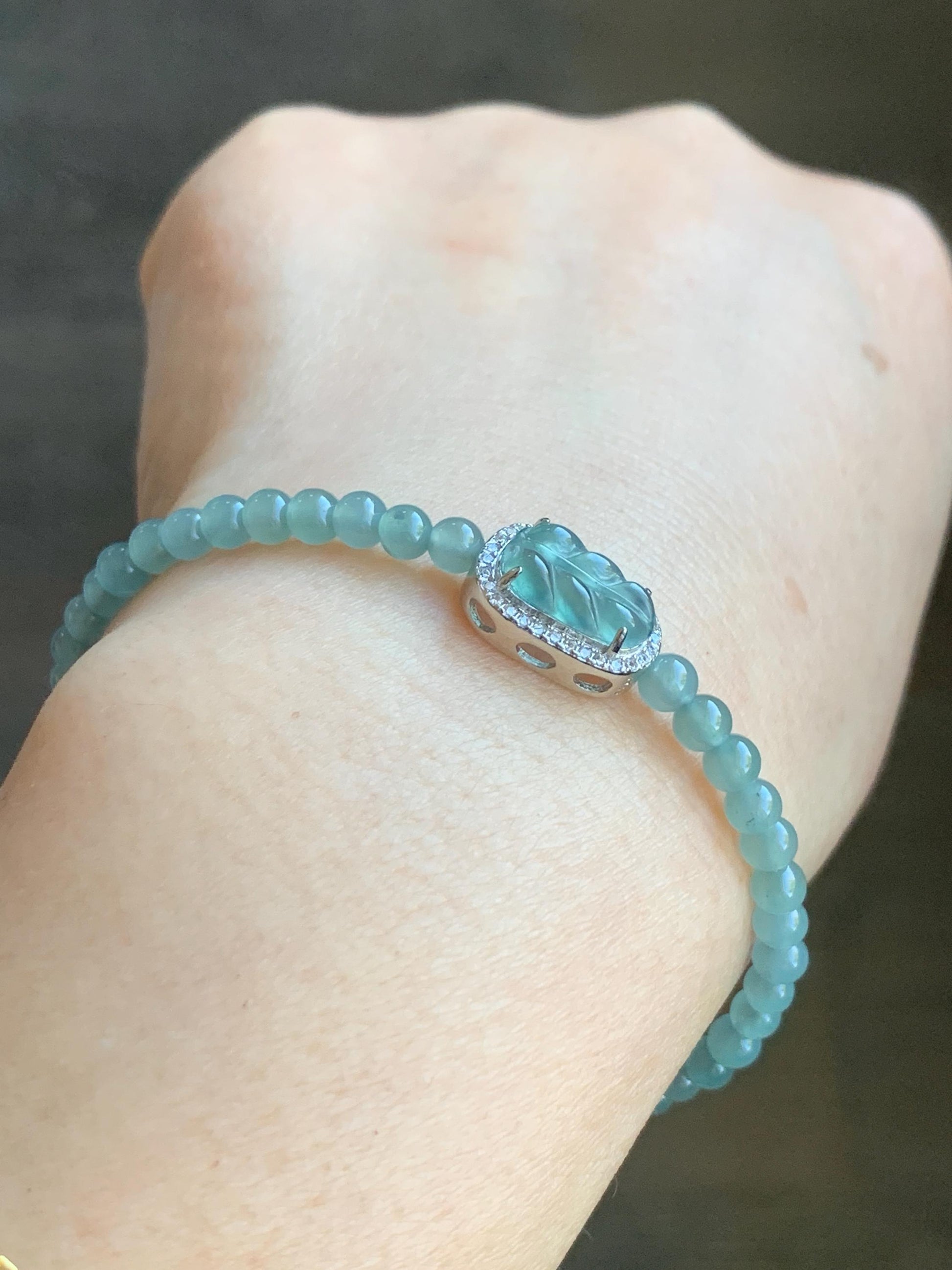 Natural Guatemalan Icy Translucent Light Teal Blue Jadeite Leaf Charm & Petite Beads Wire Bracelet Sterling Silver 6.5”-7.5” 天然冰危浅蓝翡翠叶子珠银手串