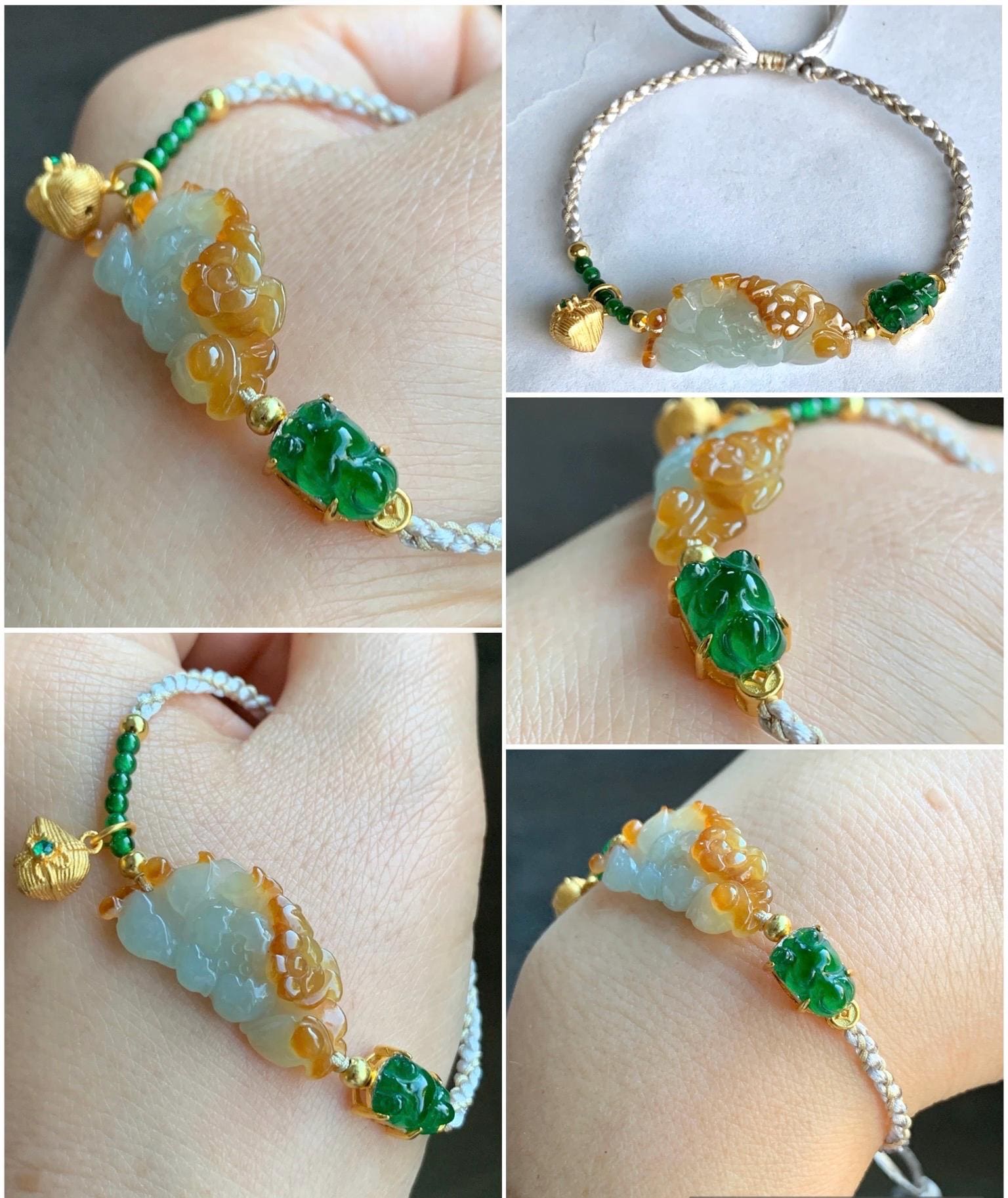 Natural Icy Translucent Multicolored Jadeite Lotus Flower Goldfish Zongzi Charm Rope Bracelet Sterling Silver Adjustable 天然撒金翡翠莲花危绿金鱼潘多拉粽子手绳