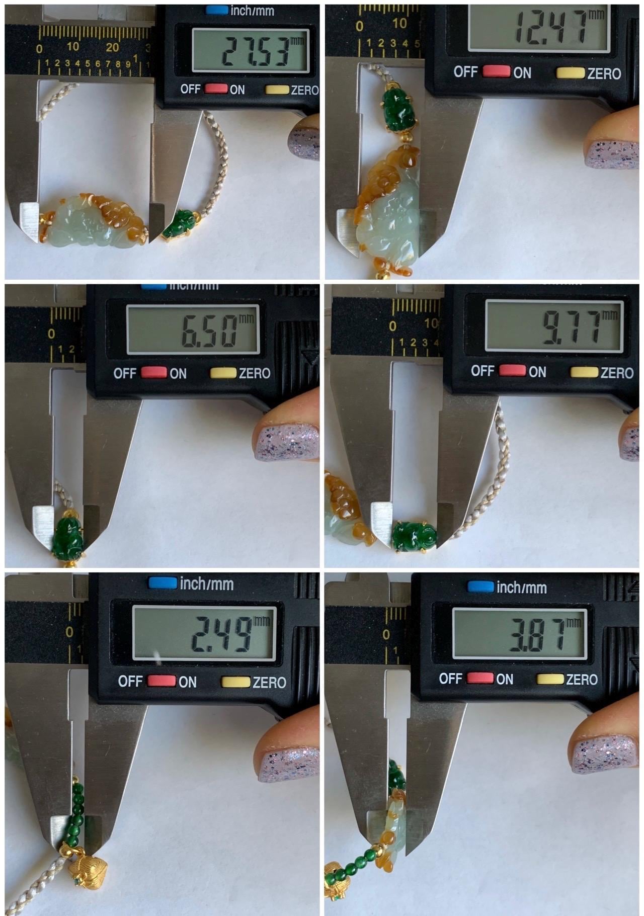Natural Icy Translucent Multicolored Jadeite Lotus Flower Goldfish Zongzi Charm Rope Bracelet Sterling Silver Adjustable 天然撒金翡翠莲花危绿金鱼潘多拉粽子手绳