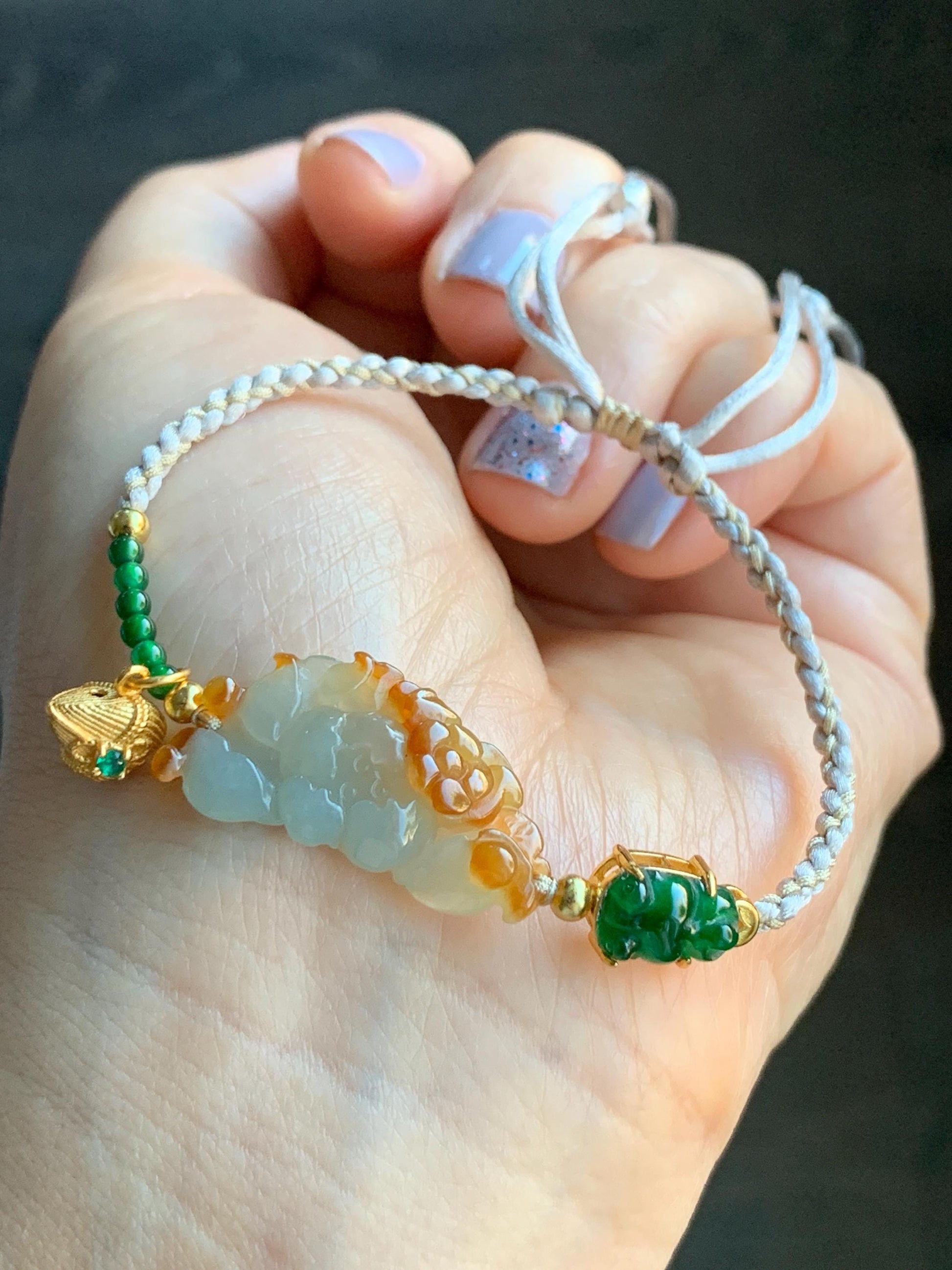 Natural Icy Translucent Multicolored Jadeite Lotus Flower Goldfish Zongzi Charm Rope Bracelet Sterling Silver Adjustable 天然撒金翡翠莲花危绿金鱼潘多拉粽子手绳