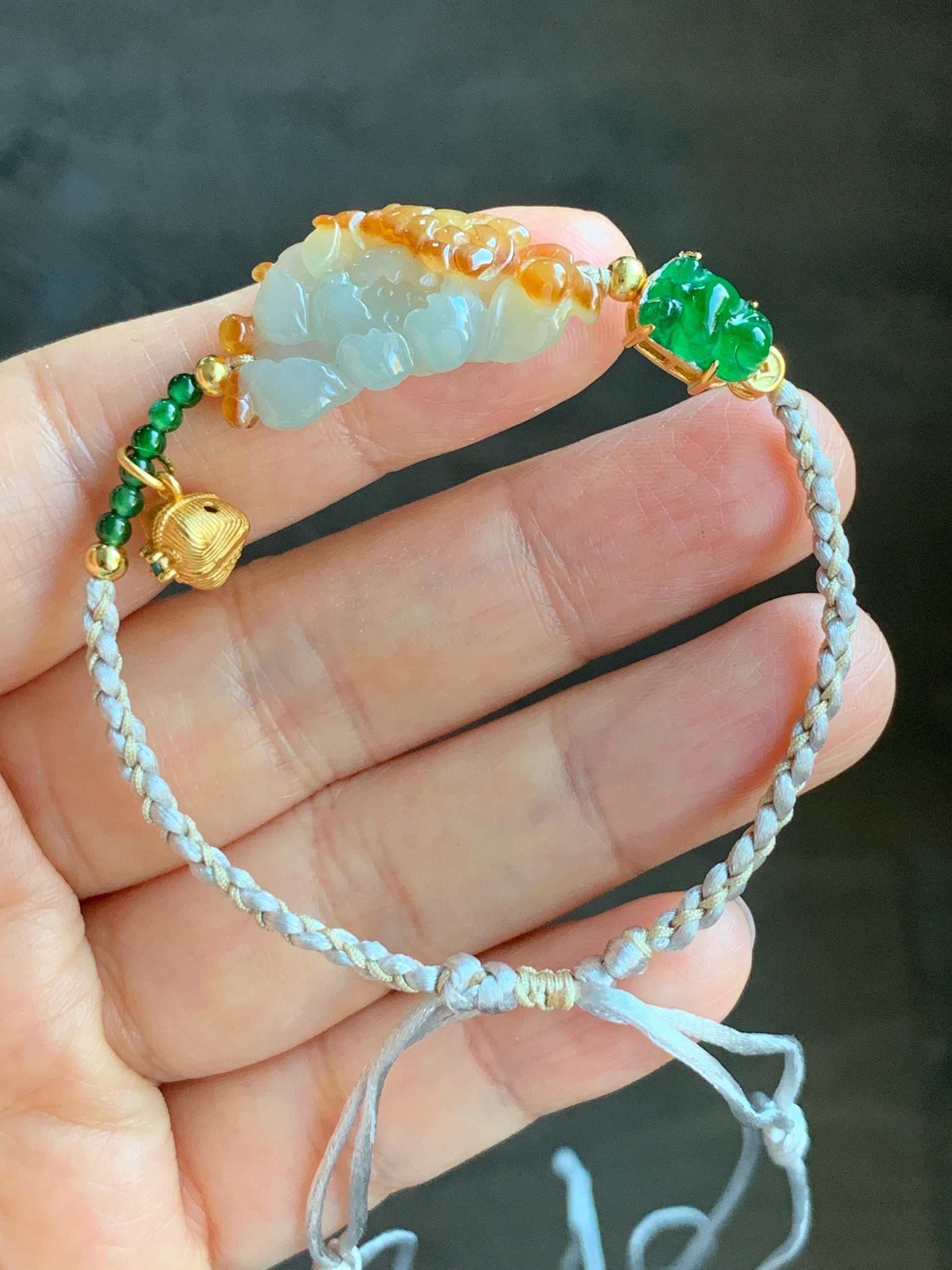 Natural Icy Translucent Multicolored Jadeite Lotus Flower Goldfish Zongzi Charm Rope Bracelet Sterling Silver Adjustable 天然撒金翡翠莲花危绿金鱼潘多拉粽子手绳