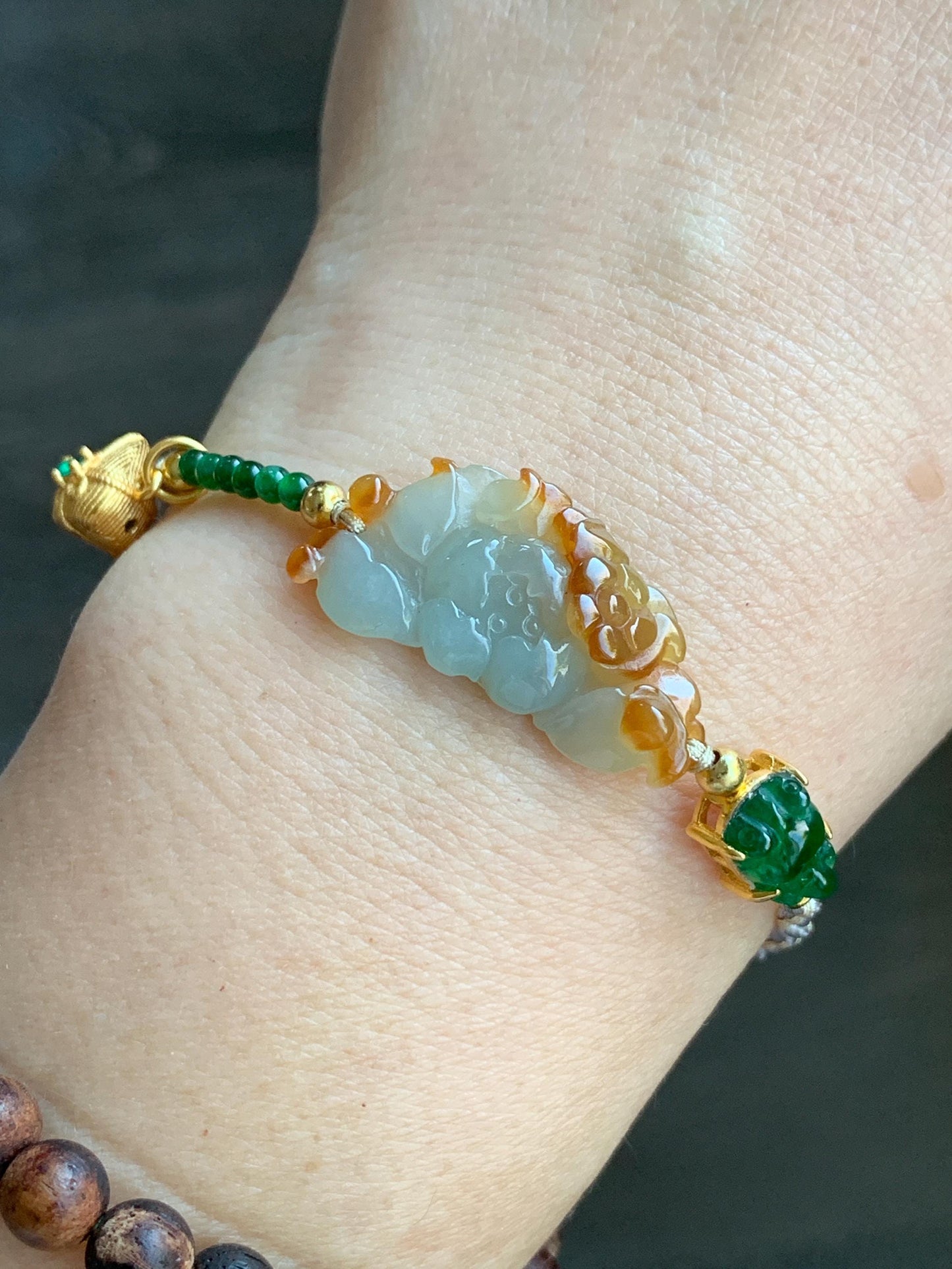 Natural Icy Translucent Multicolored Jadeite Lotus Flower Goldfish Zongzi Charm Rope Bracelet Sterling Silver Adjustable 天然撒金翡翠莲花危绿金鱼潘多拉粽子手绳
