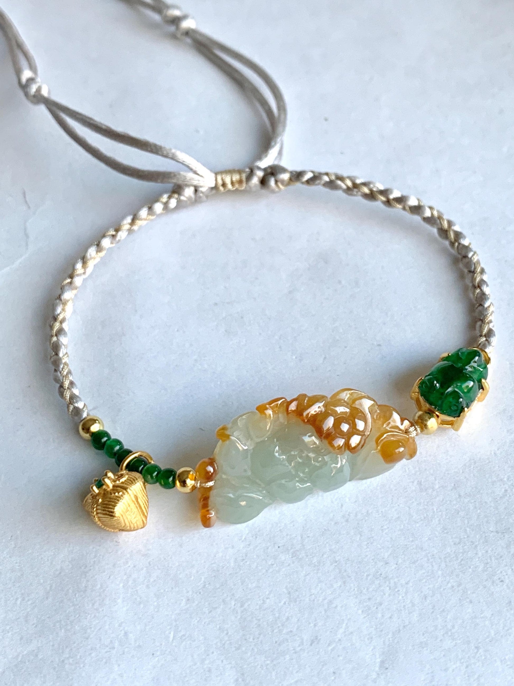 Natural Icy Translucent Multicolored Jadeite Lotus Flower Goldfish Zongzi Charm Rope Bracelet Sterling Silver Adjustable 天然撒金翡翠莲花危绿金鱼潘多拉粽子手绳