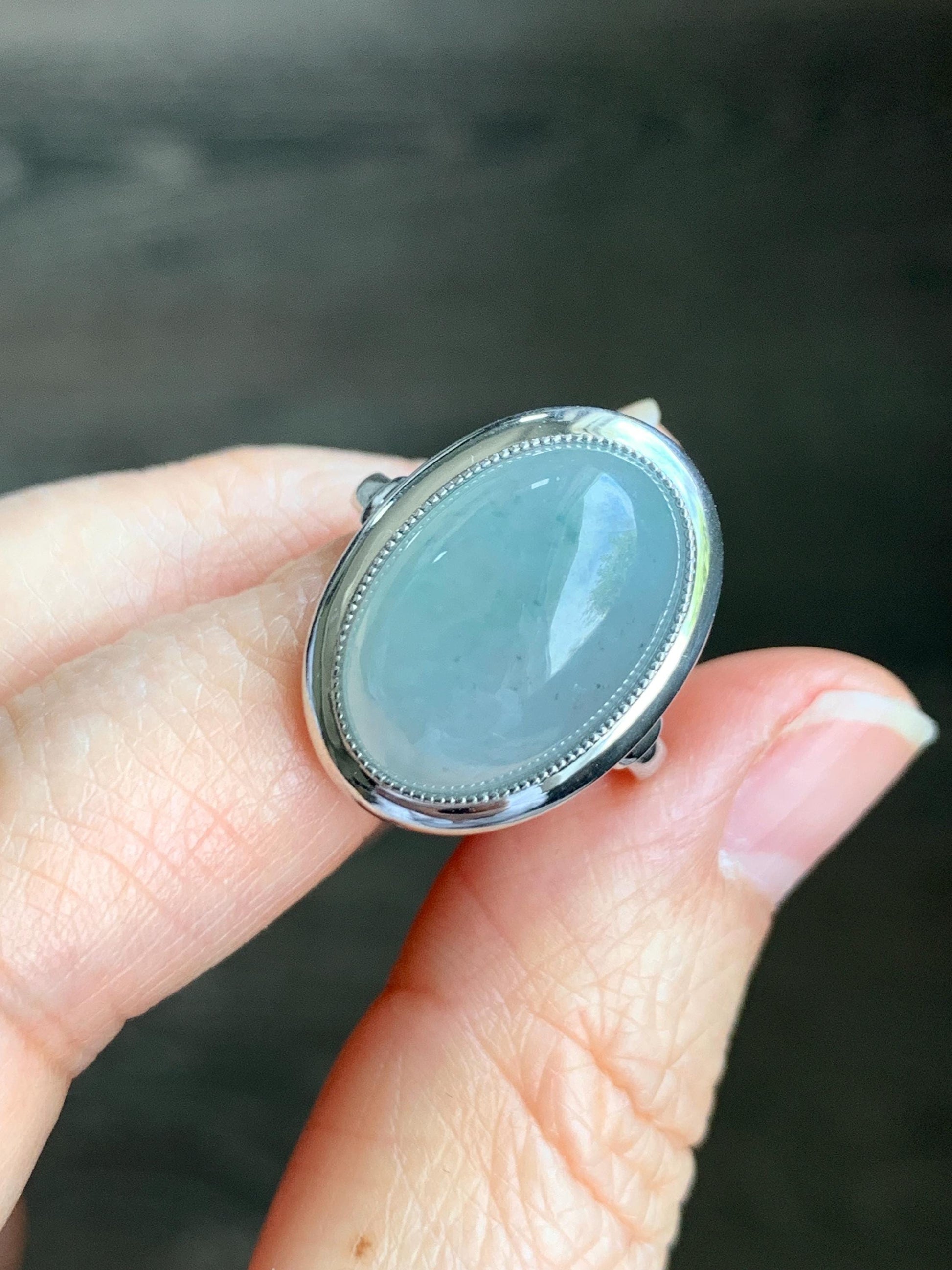 Certified Natural Grade A Icy Translucent Light Blue Jadeite Large Oval Ring Sterling Silver size 7.25 US