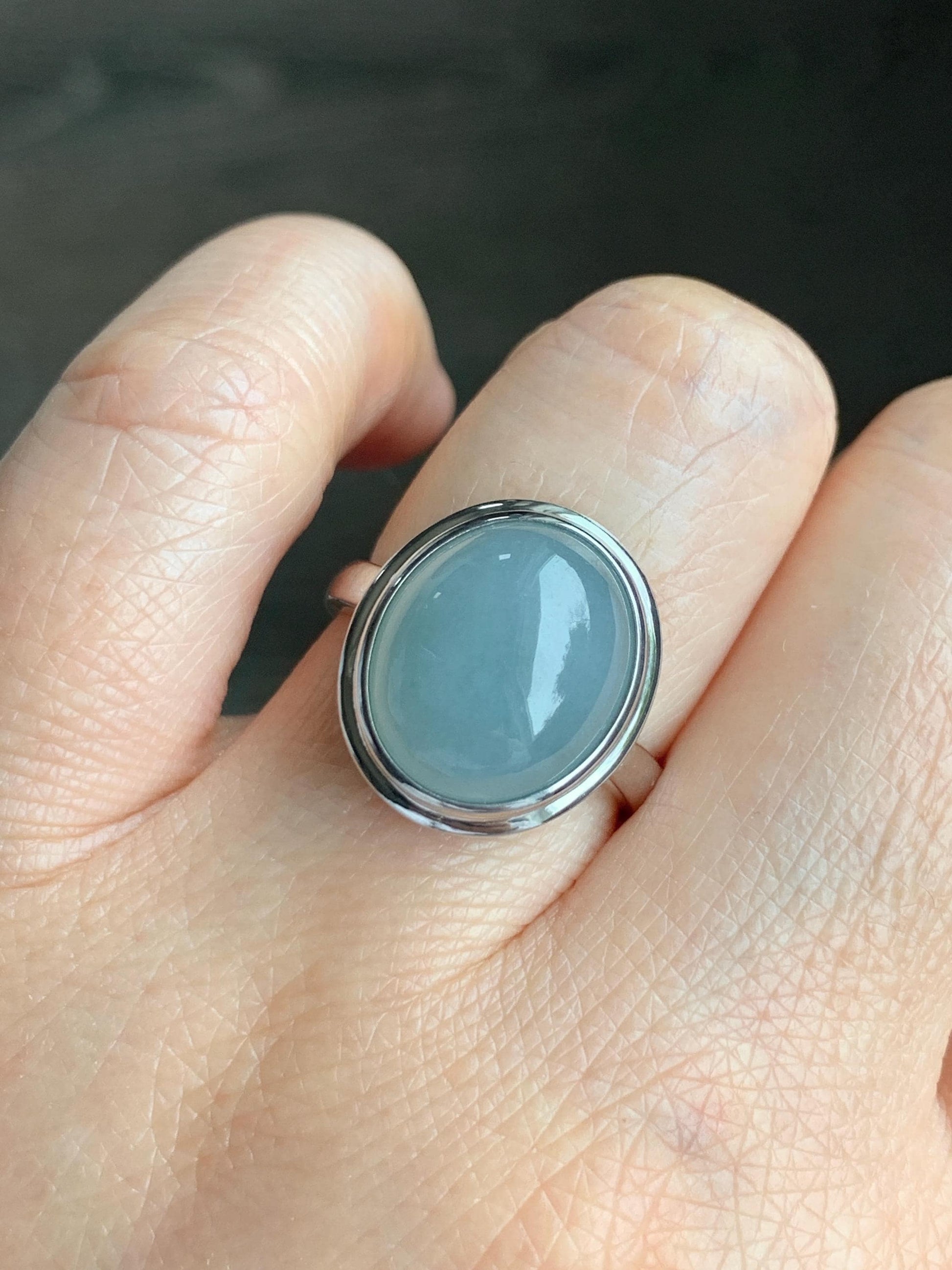 Certified Natural Guatemalan Icy Translucent Dusty Light Blue Jadeite Large Oval Ring Sterling Silver size 7.25