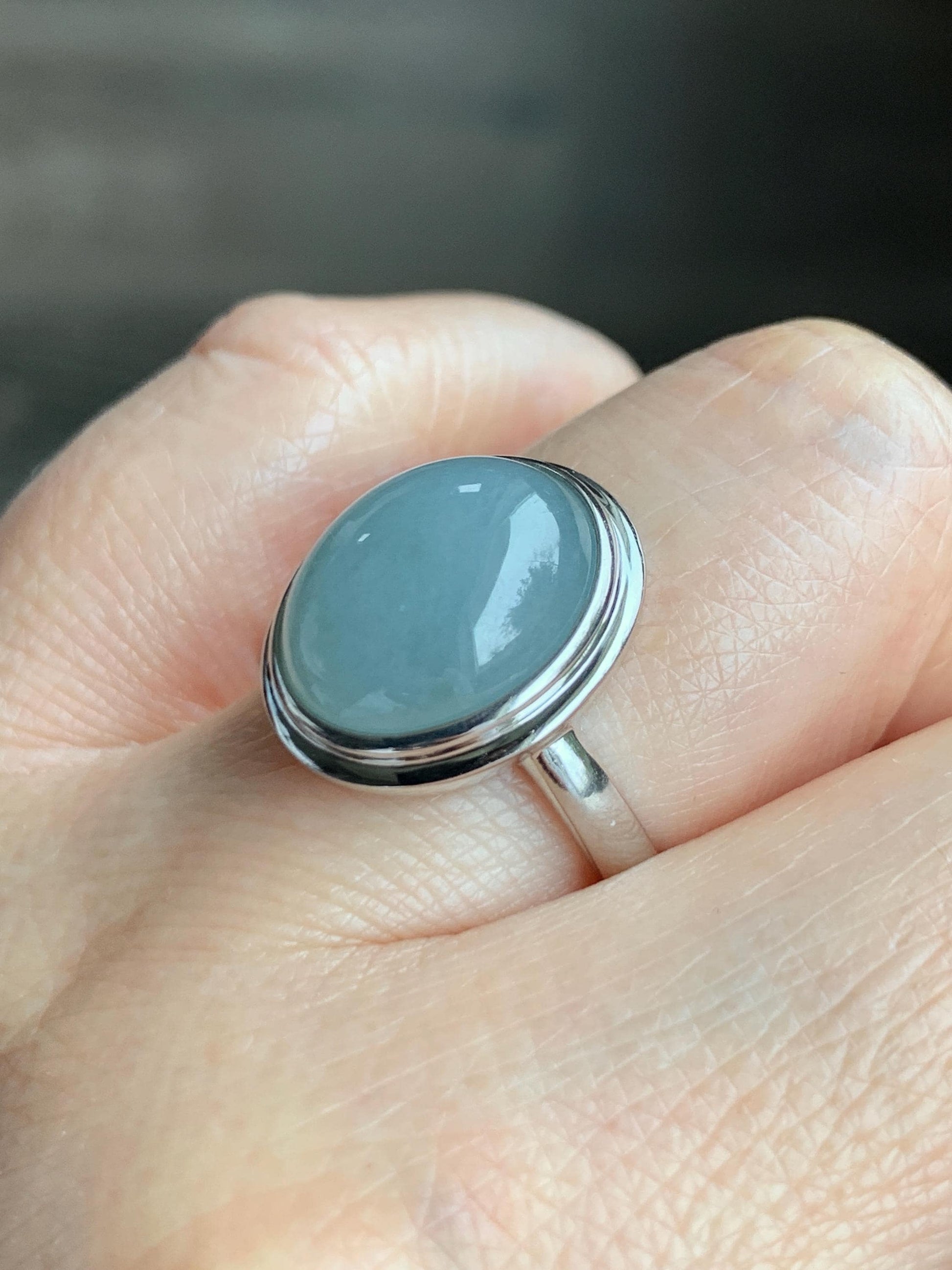Certified Natural Guatemalan Icy Translucent Dusty Light Blue Jadeite Large Oval Ring Sterling Silver size 7.25 US 5.17g 天然冰胶危浅蓝翡翠镶嵌戒指 7399