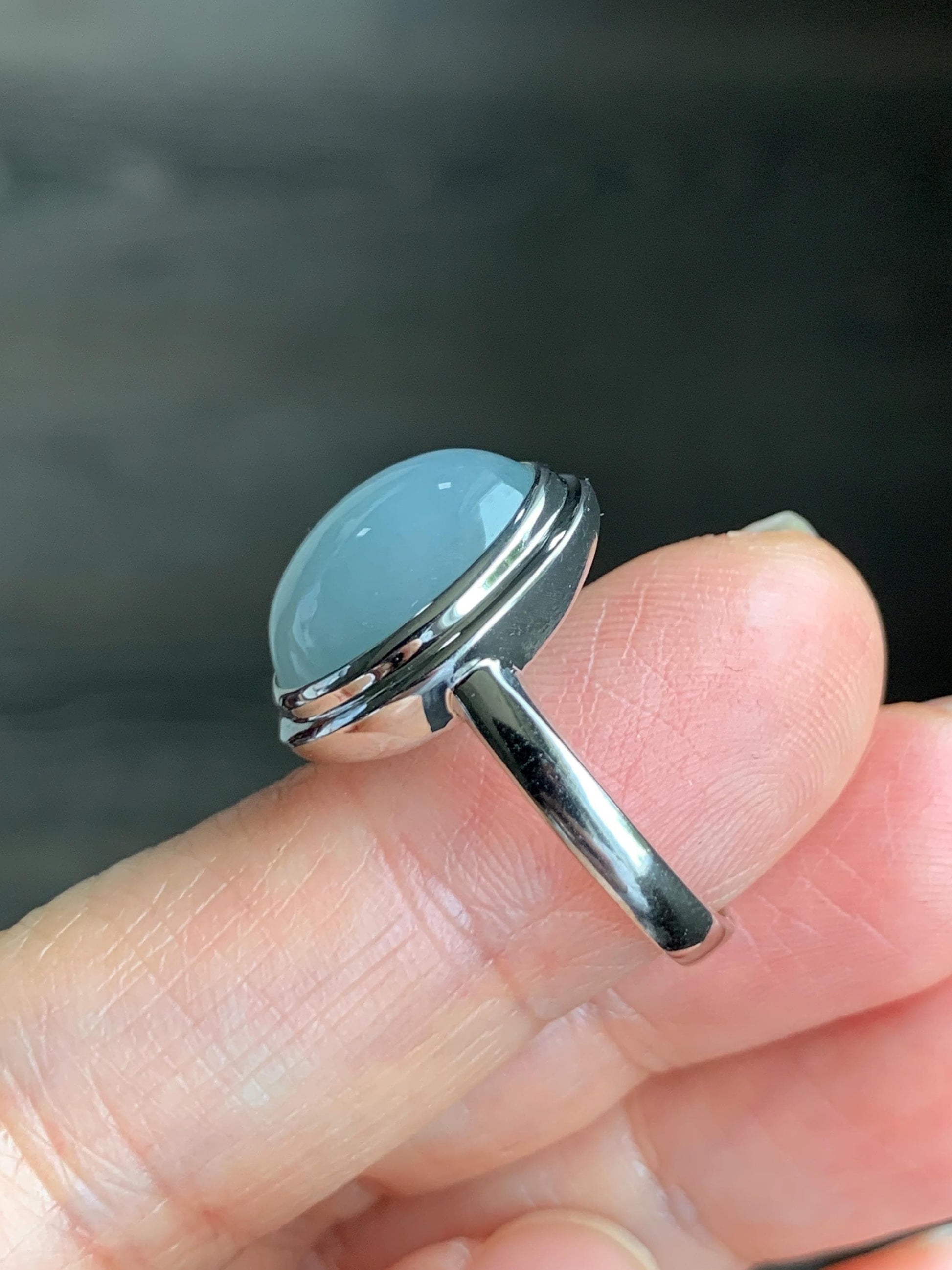 Certified Natural Guatemalan Icy Translucent Dusty Light Blue Jadeite Large Oval Ring Sterling Silver size 7.25 US 5.17g 天然冰胶危浅蓝翡翠镶嵌戒指 7399