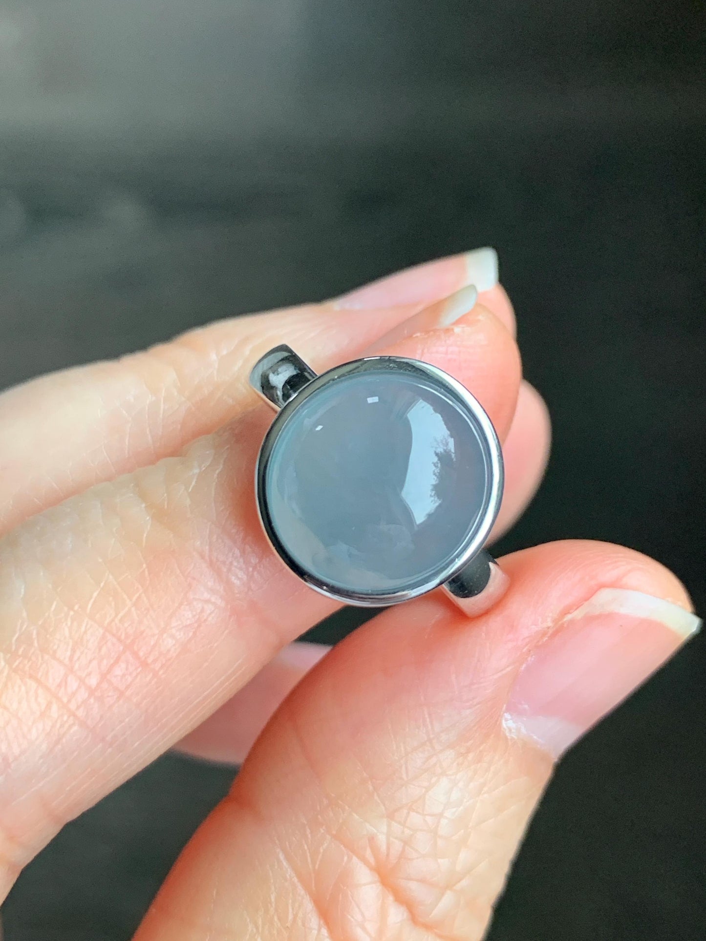 Certified Natural Guatemalan Icy Translucent Dusty Light Blue Jadeite Large Oval Ring Sterling Silver size 7 US