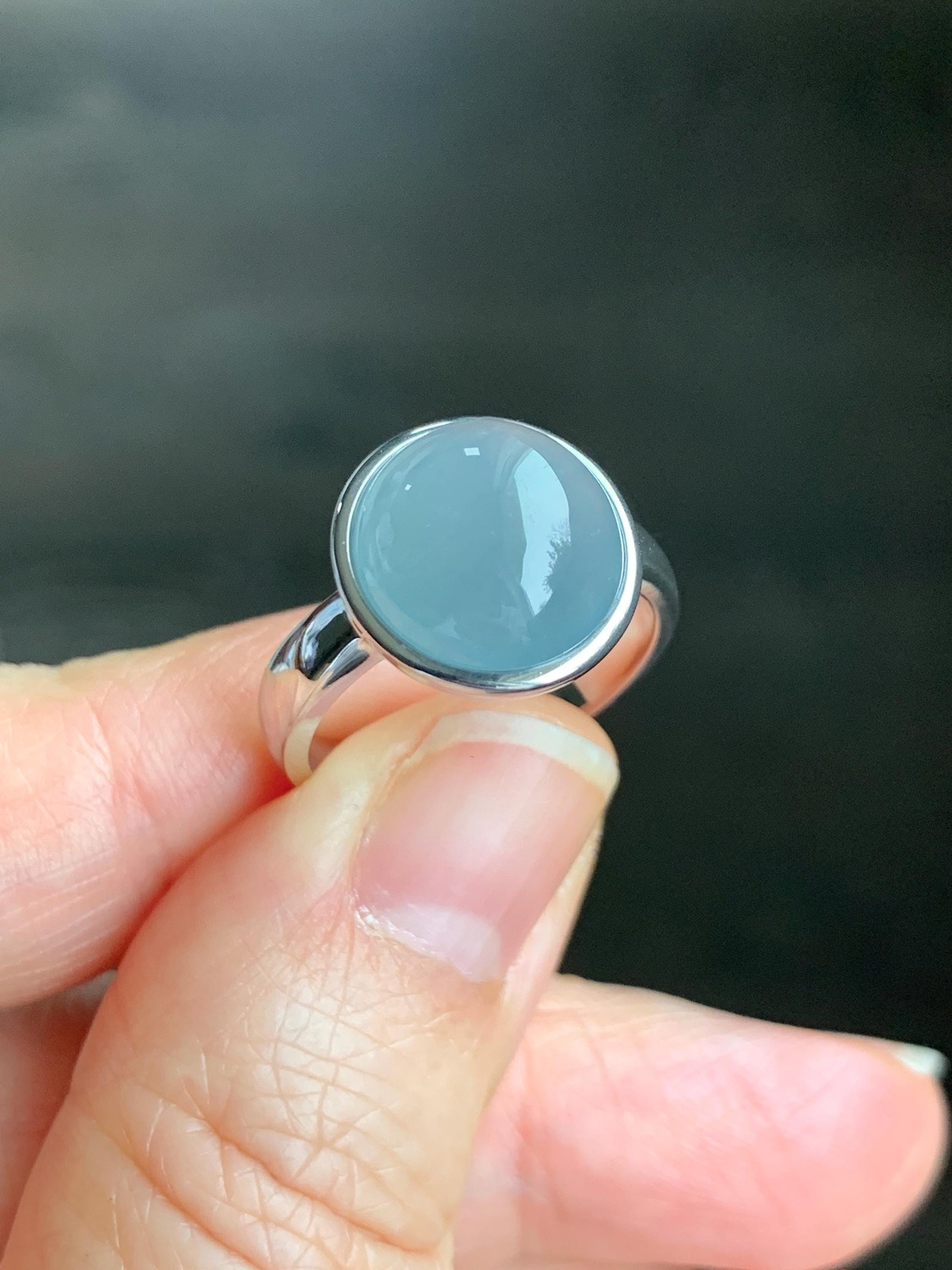 Certified Natural Guatemalan Icy Translucent Dusty Light Blue Jadeite Large Oval Ring Sterling Silver size 7 US 4.99g 天然冰胶危浅蓝翡翠镶嵌戒指 7390