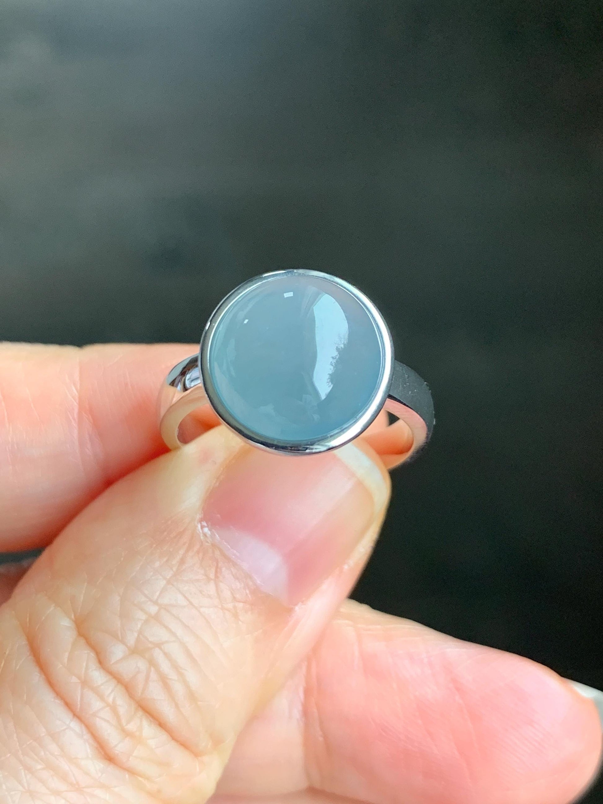 Certified Natural Guatemalan Icy Translucent Dusty Light Blue Jadeite Large Oval Ring Sterling Silver size 7 US