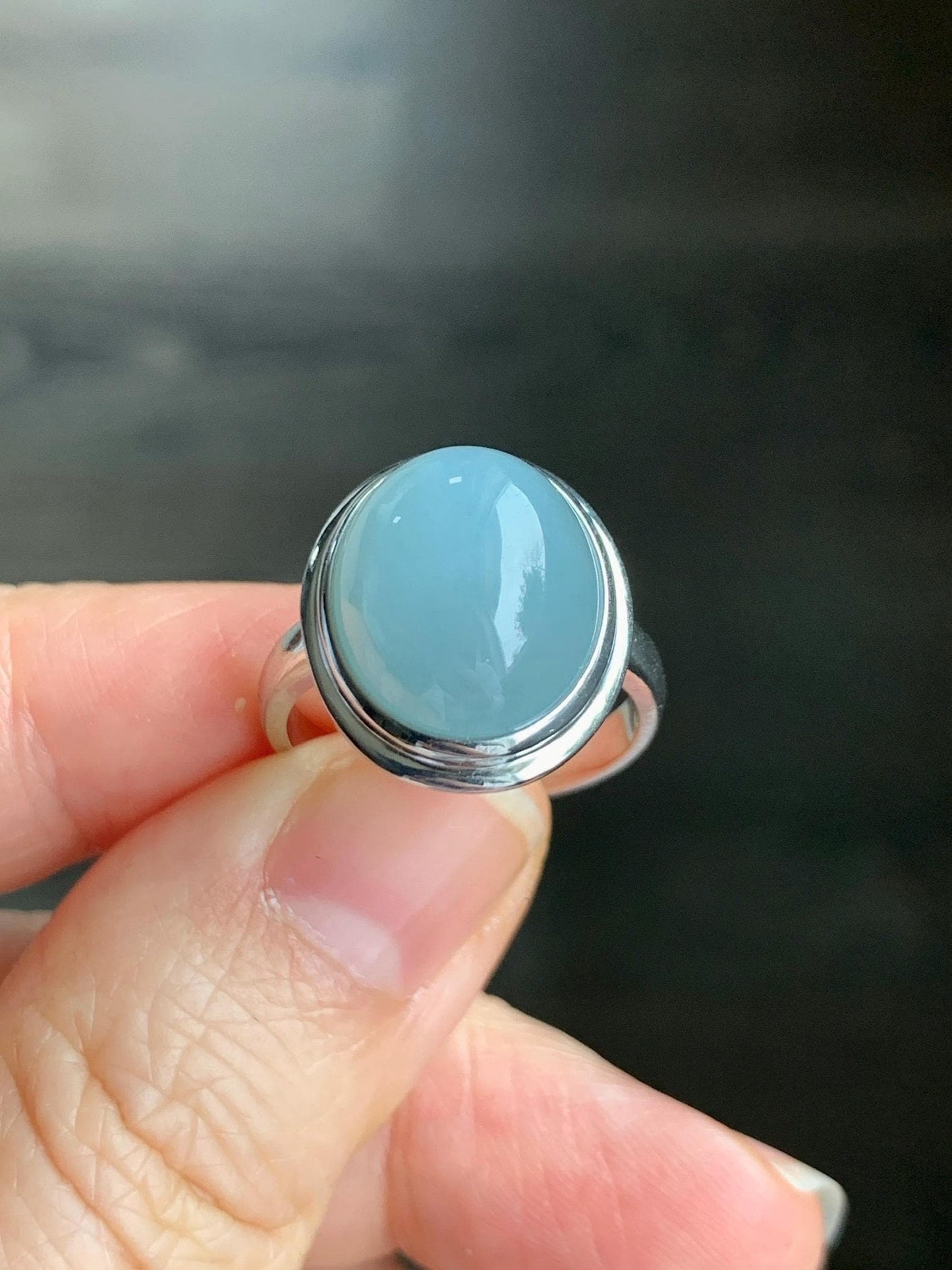 Certified Natural Guatemalan Icy Translucent Dusty Light Blue Jadeite Large Oval Ring Sterling Silver size 7 US 5.82g 天然冰胶危浅蓝翡翠镶嵌戒指 7398