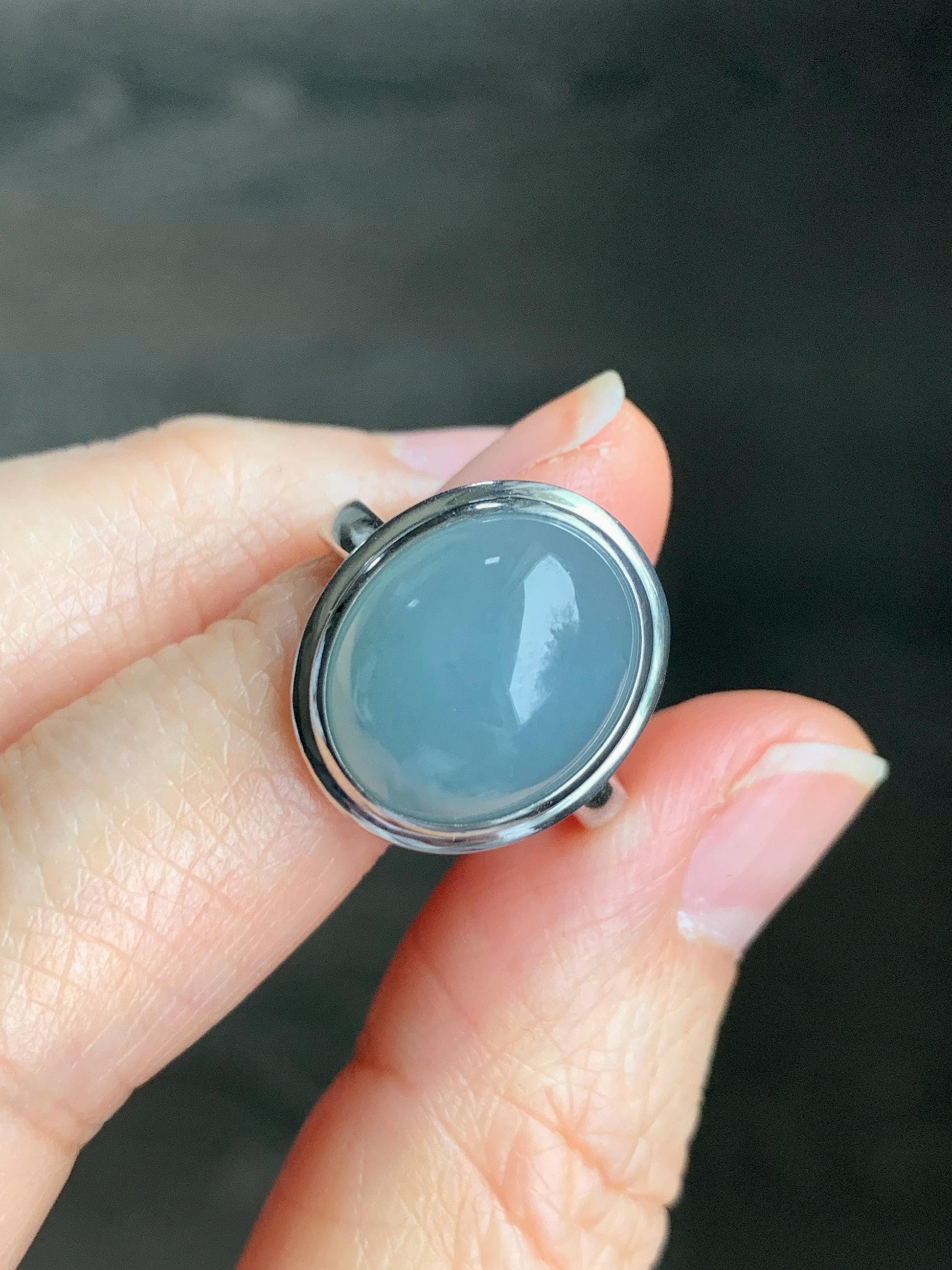 Certified Natural Guatemalan Icy Translucent Dusty Light Blue Jadeite Large Oval Ring Sterling Silver size 7