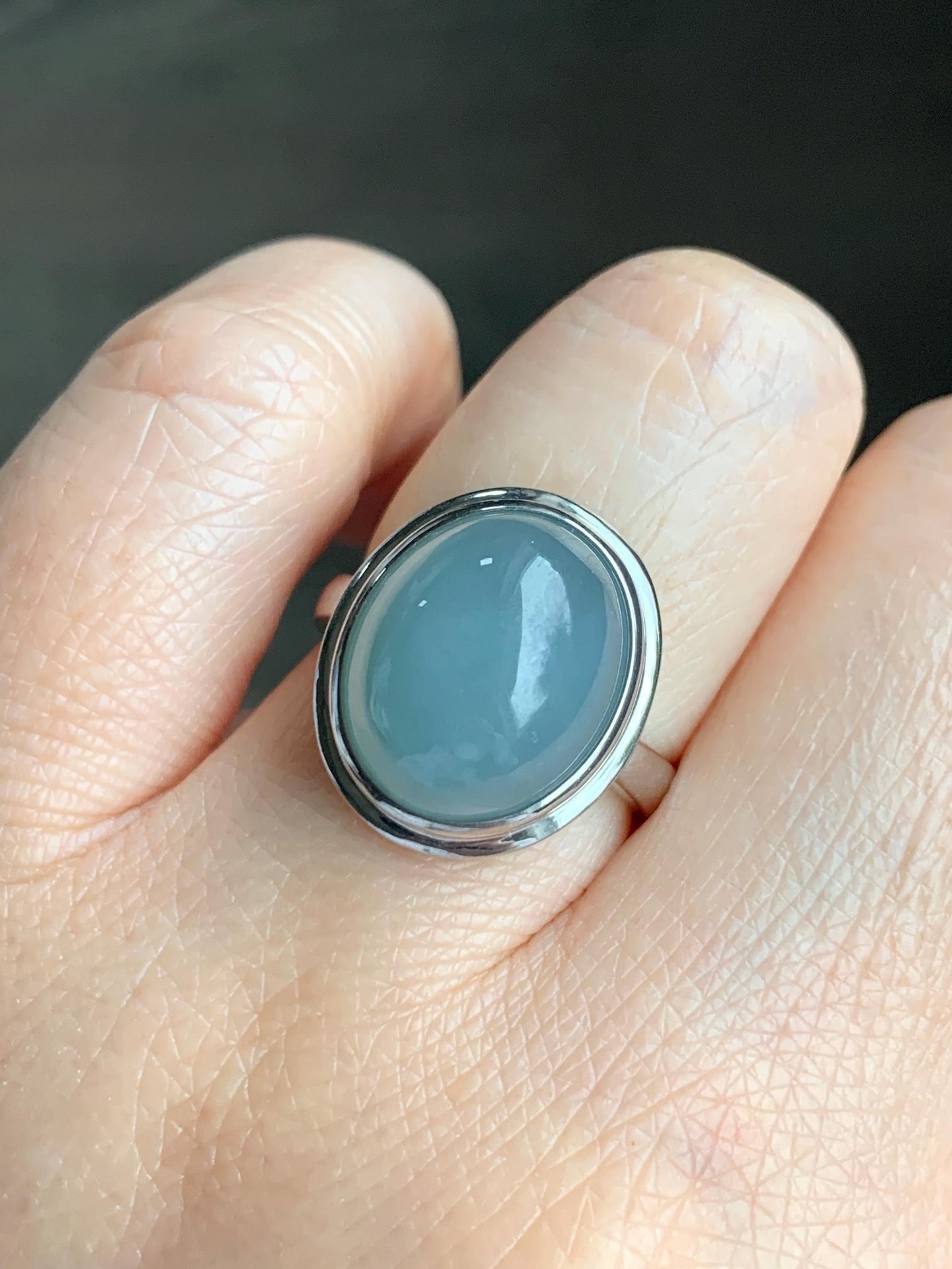 Certified Natural Guatemalan Icy Translucent Dusty Light Blue Jadeite Large Oval Ring Sterling Silver size 7
