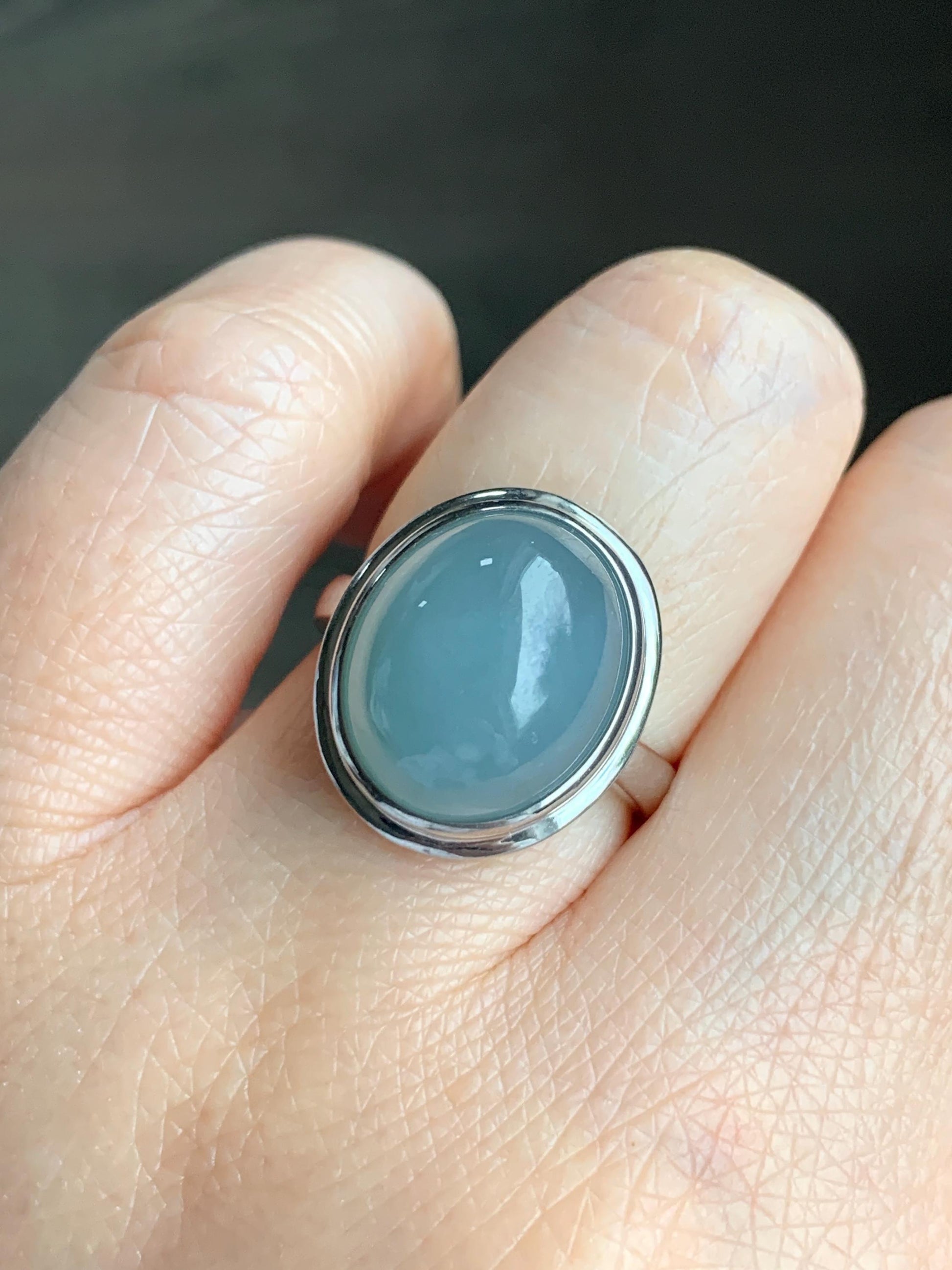 Certified Natural Guatemalan Icy Translucent Dusty Light Blue Jadeite Large Oval Ring Sterling Silver size 7
