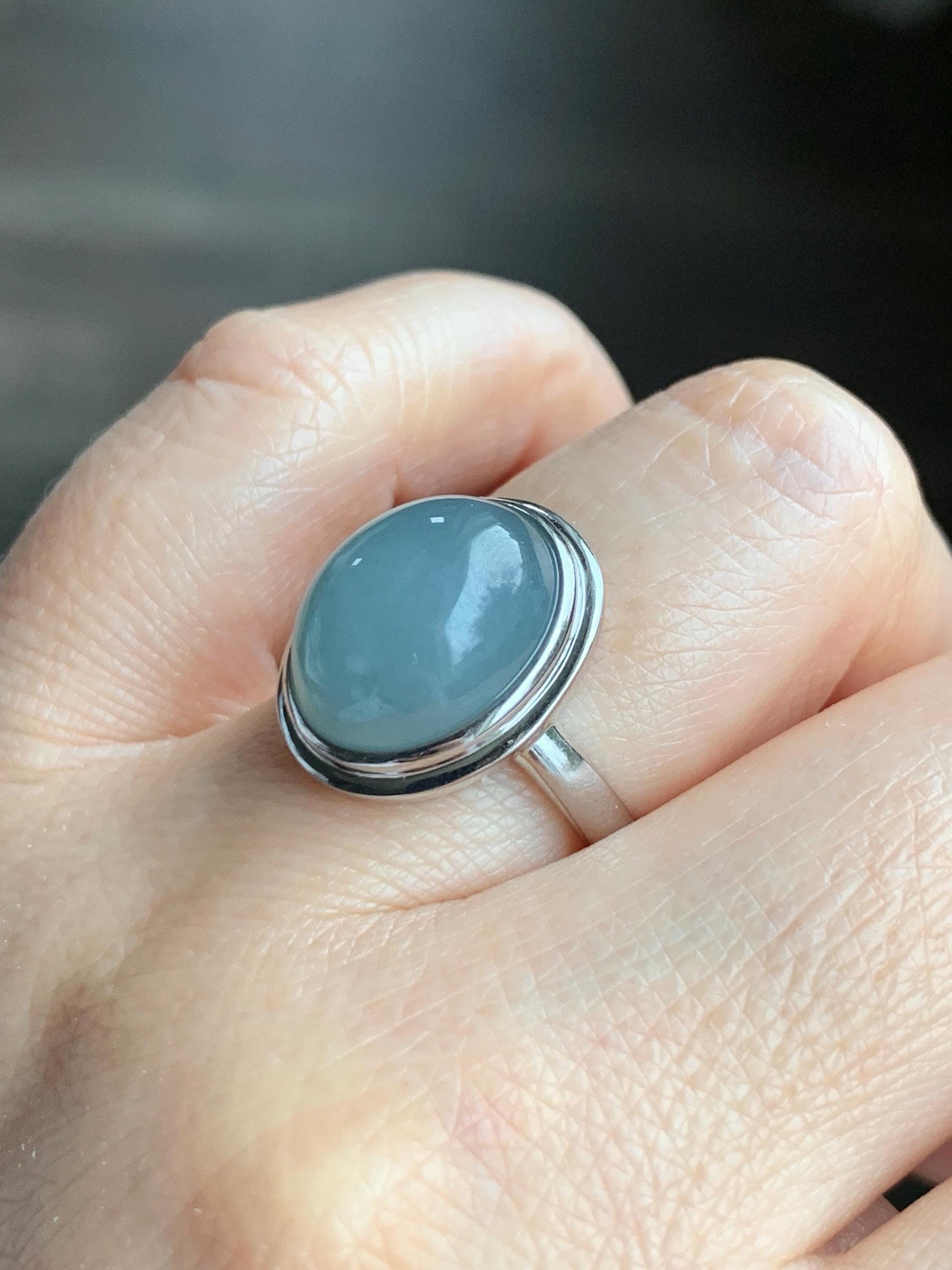 Certified Natural Guatemalan Icy Translucent Dusty Light Blue Jadeite Large Oval Ring Sterling Silver size 7 US 5.82g 天然冰胶危浅蓝翡翠镶嵌戒指 7398
