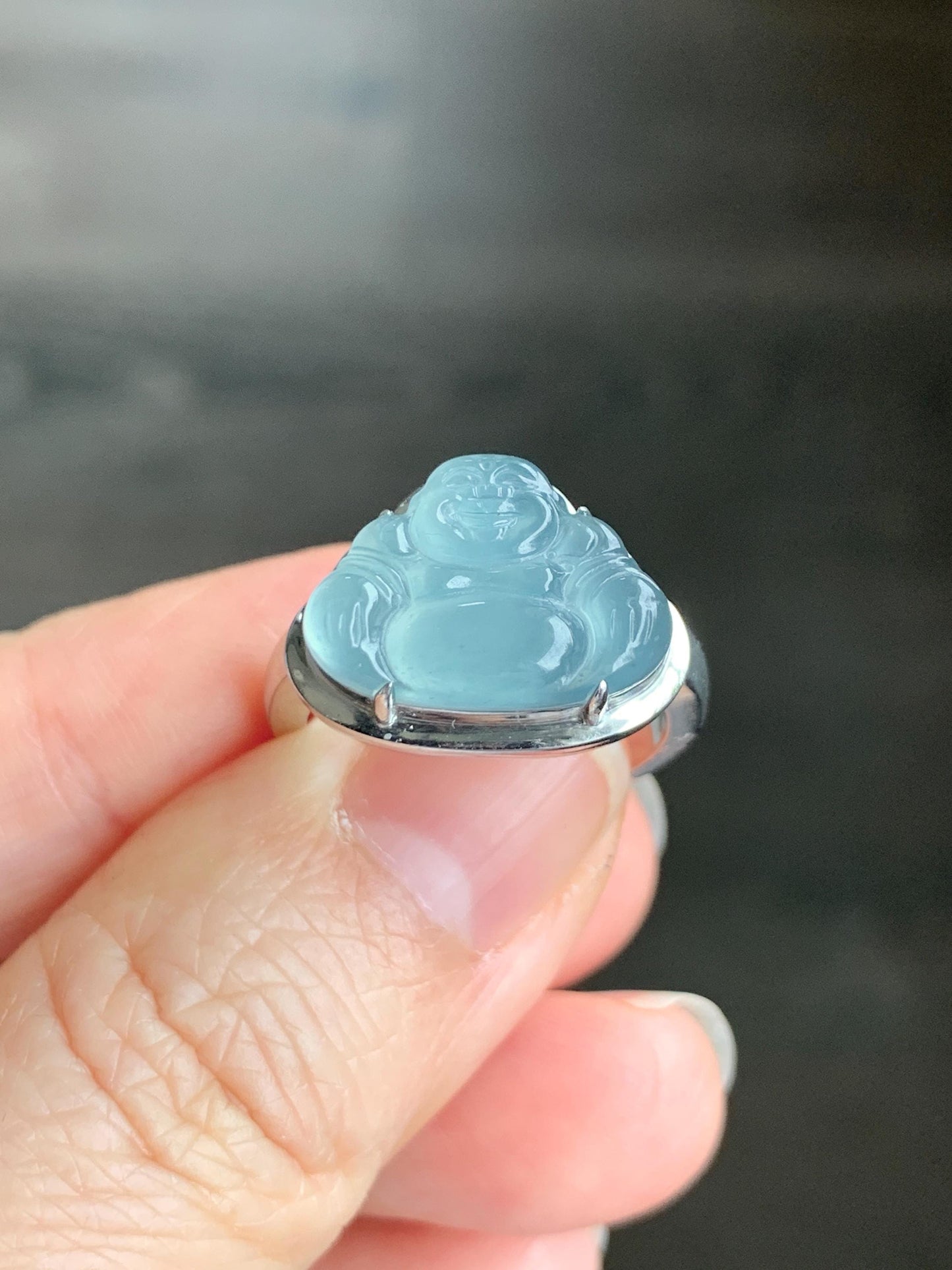 Certified Natural Guatemalan Icy Highly Translucent Light Teal Blue Jadeite Buddha Ring Sterling Silver Size 7